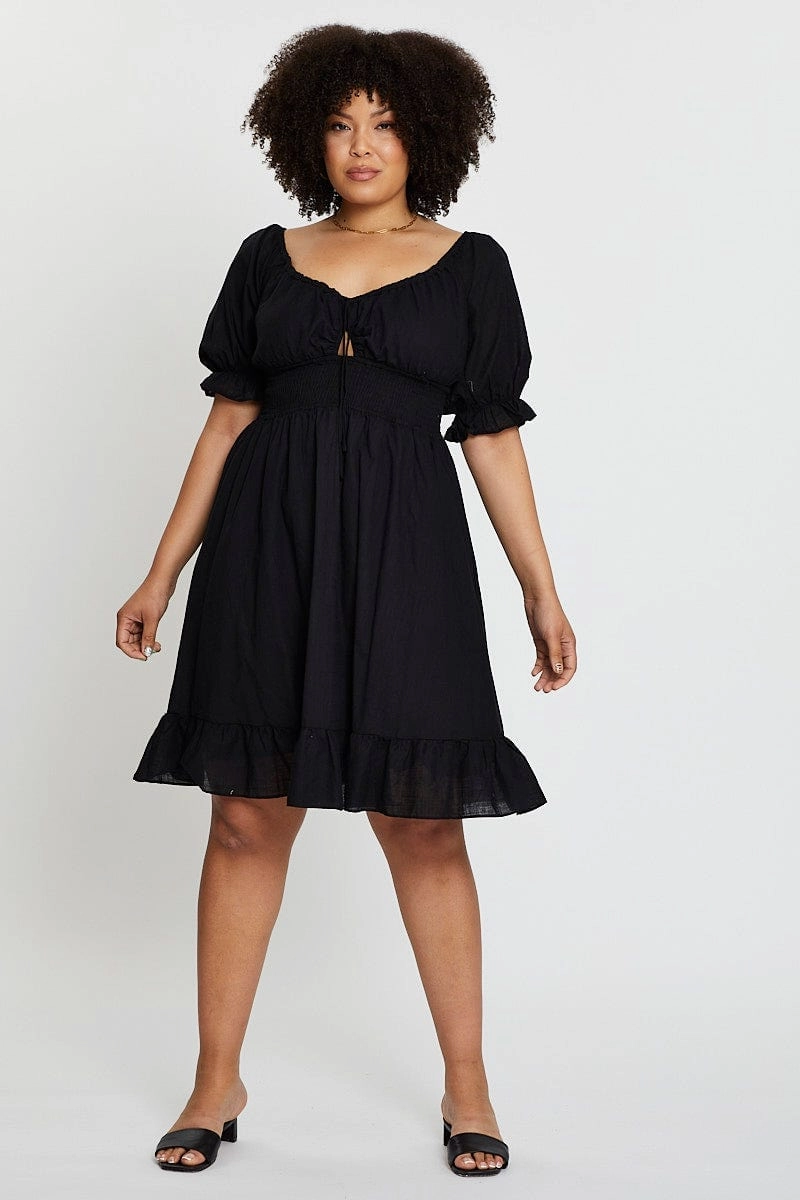 Black Short Puff Sleeve Peephole Green Skater Dress Occasion Ready