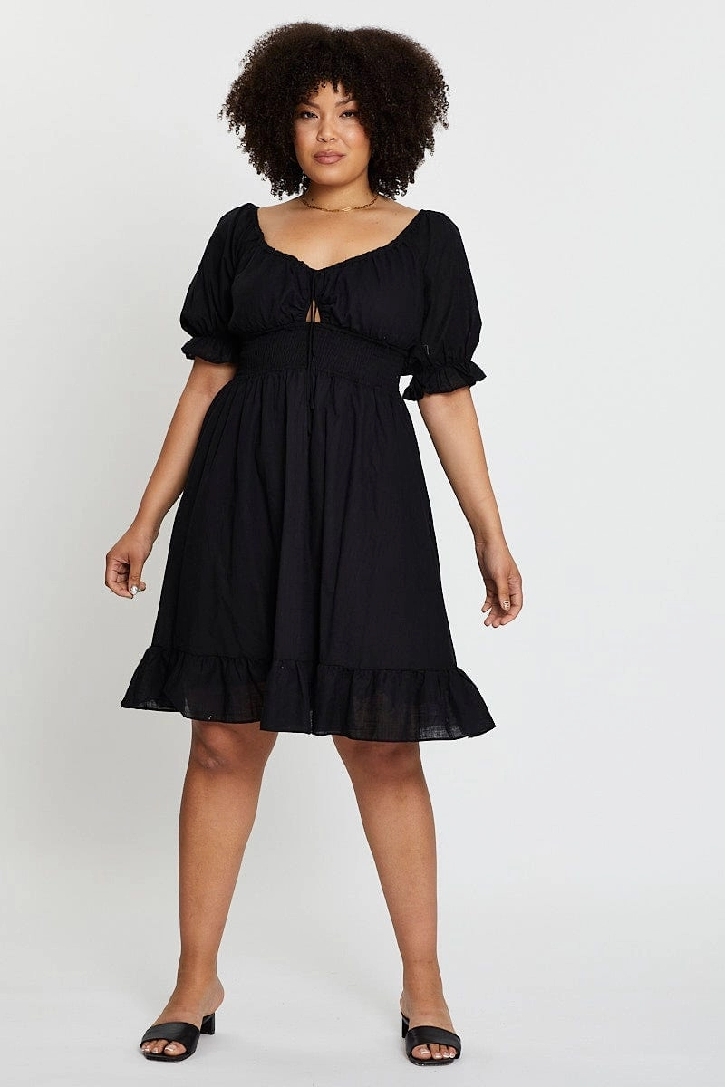 Timeless Fit Look Sleek Form Black Short Puff Sleeve Peephole Green Skater Dress