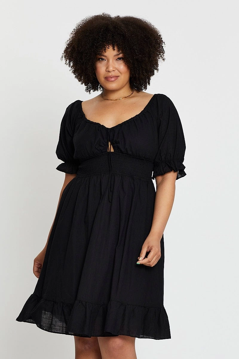 Black Short Puff Sleeve Peephole Green Skater Dress Luxurious Feel Organic-Fabric