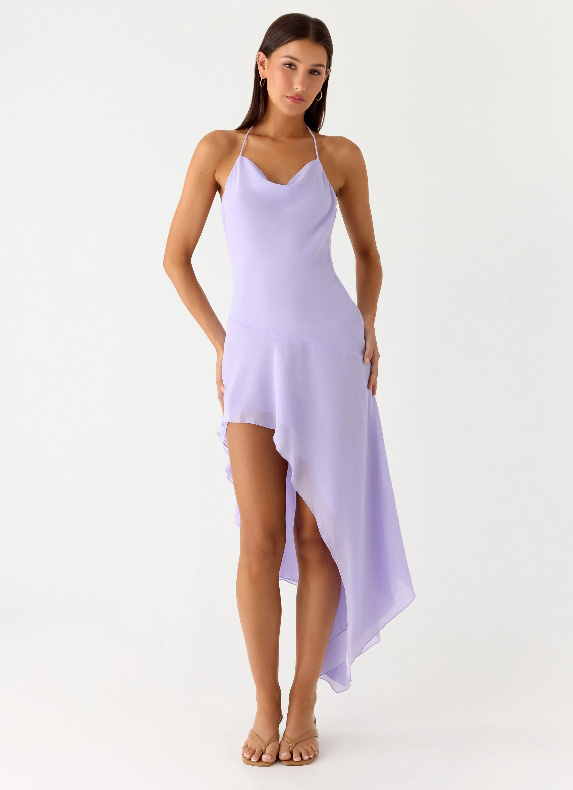 Sunmi Asymmetric Cowl Midi Dress - Lavender Soft Fabric Stream Cut
