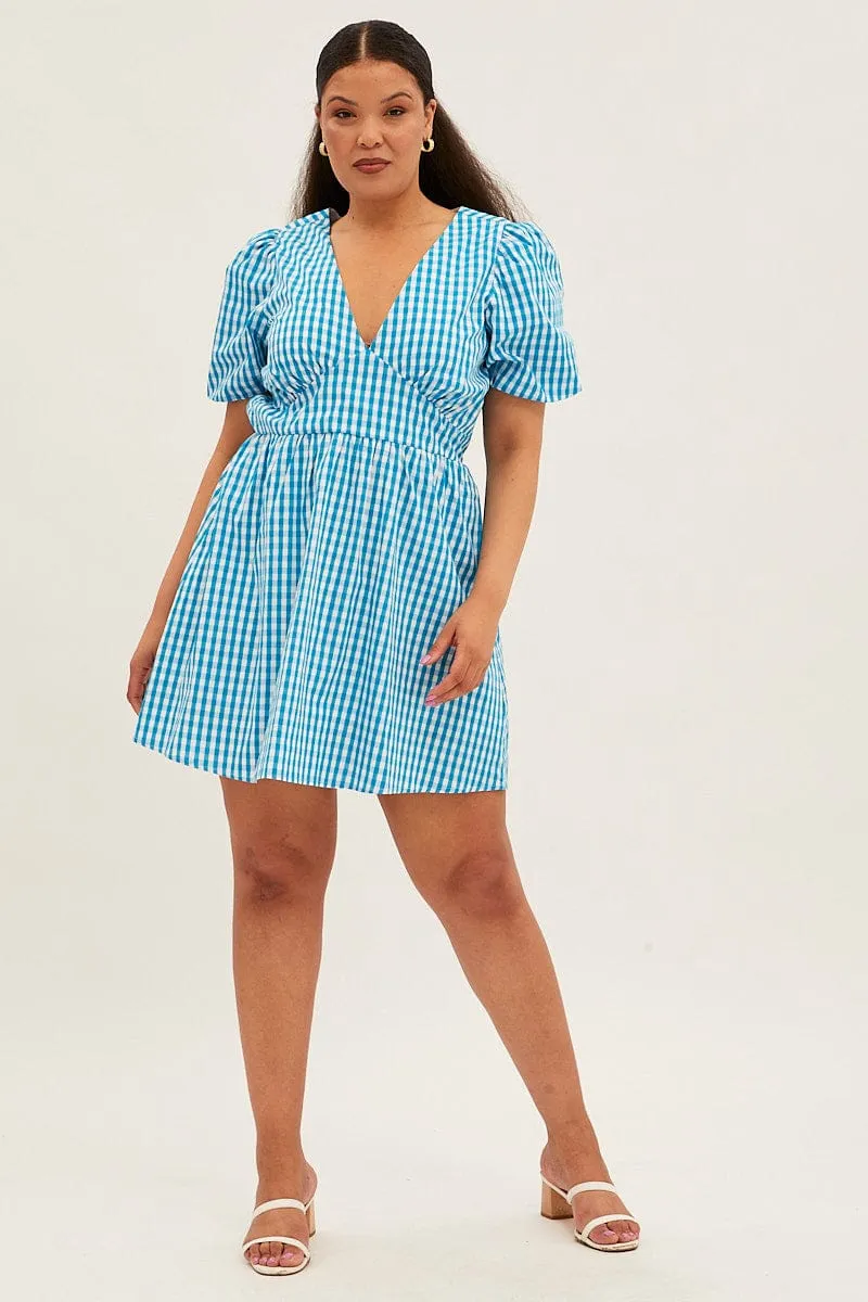 Adjustable-Length Statement-Print Blue Check Midi Dress Short Puff Sleeve V-neck Gingham