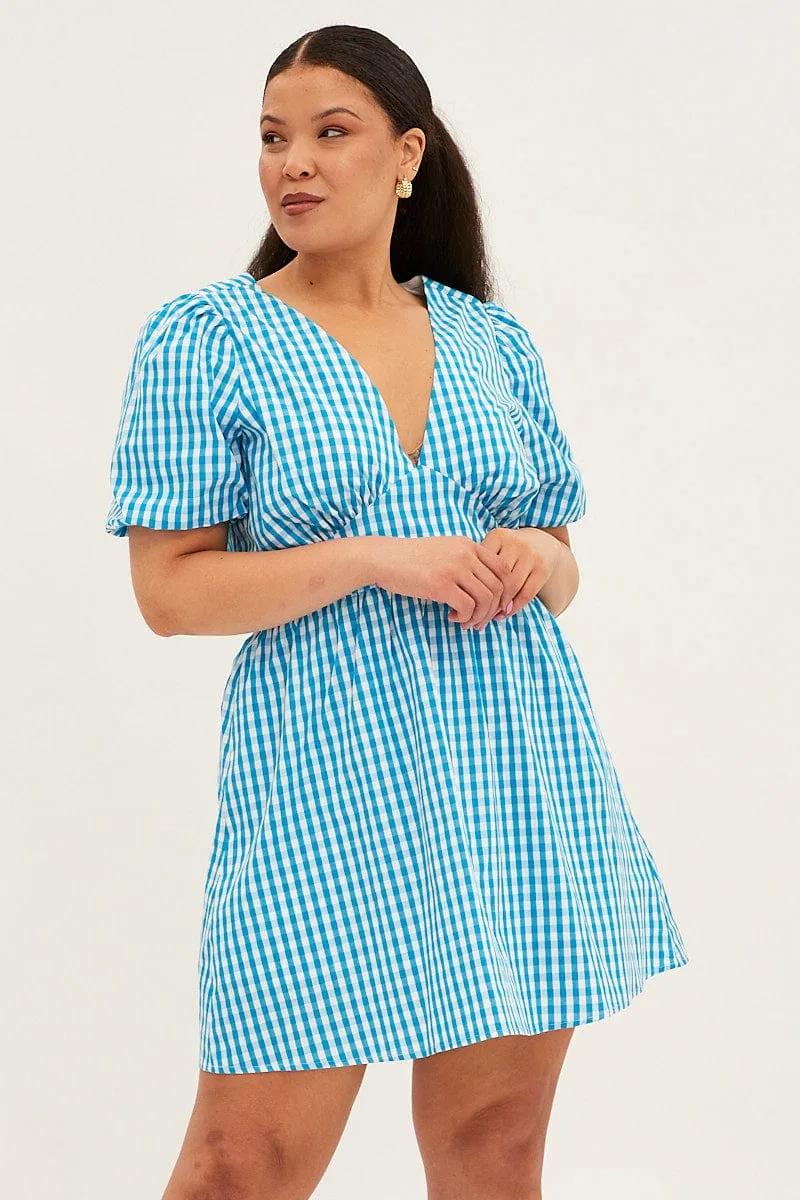 Blue Check Midi Dress Short Puff Sleeve V-neck Gingham Trend Appeal