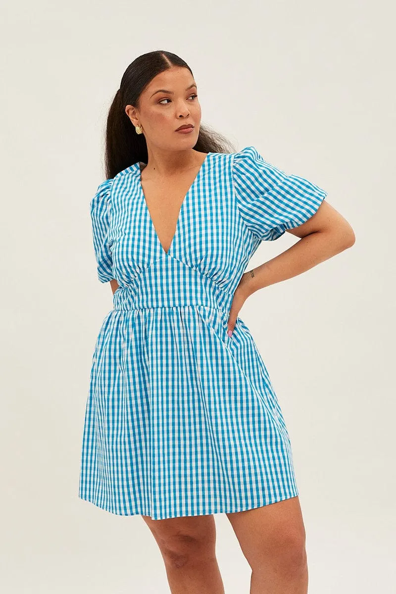 Comfortable and Chic Blue Check Midi Dress Short Puff Sleeve V-neck Gingham