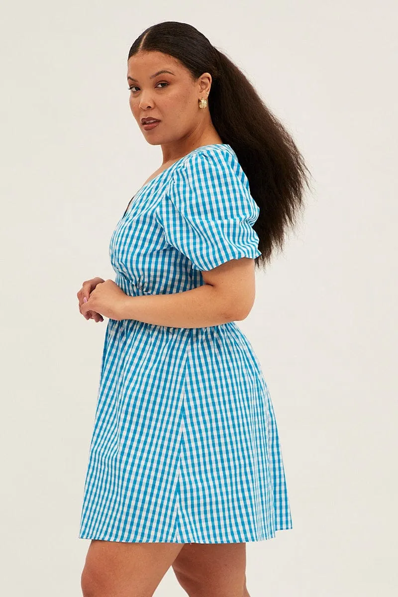 Blue Check Midi Dress Short Puff Sleeve V-neck Gingham Chic casual Airy Drape