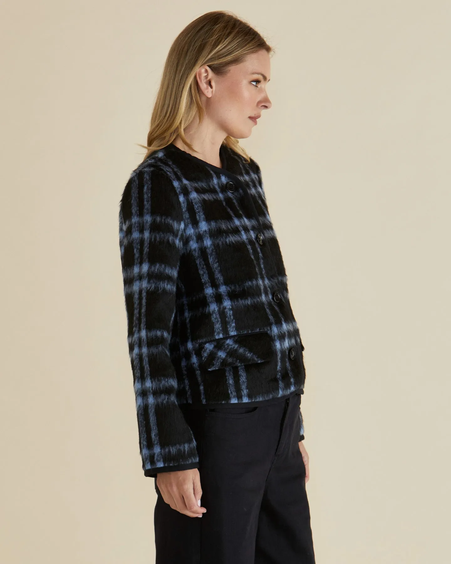 Betty Basics Charlie Check Jacket Blue Check Reinforced Collar Structure Flexible Knit