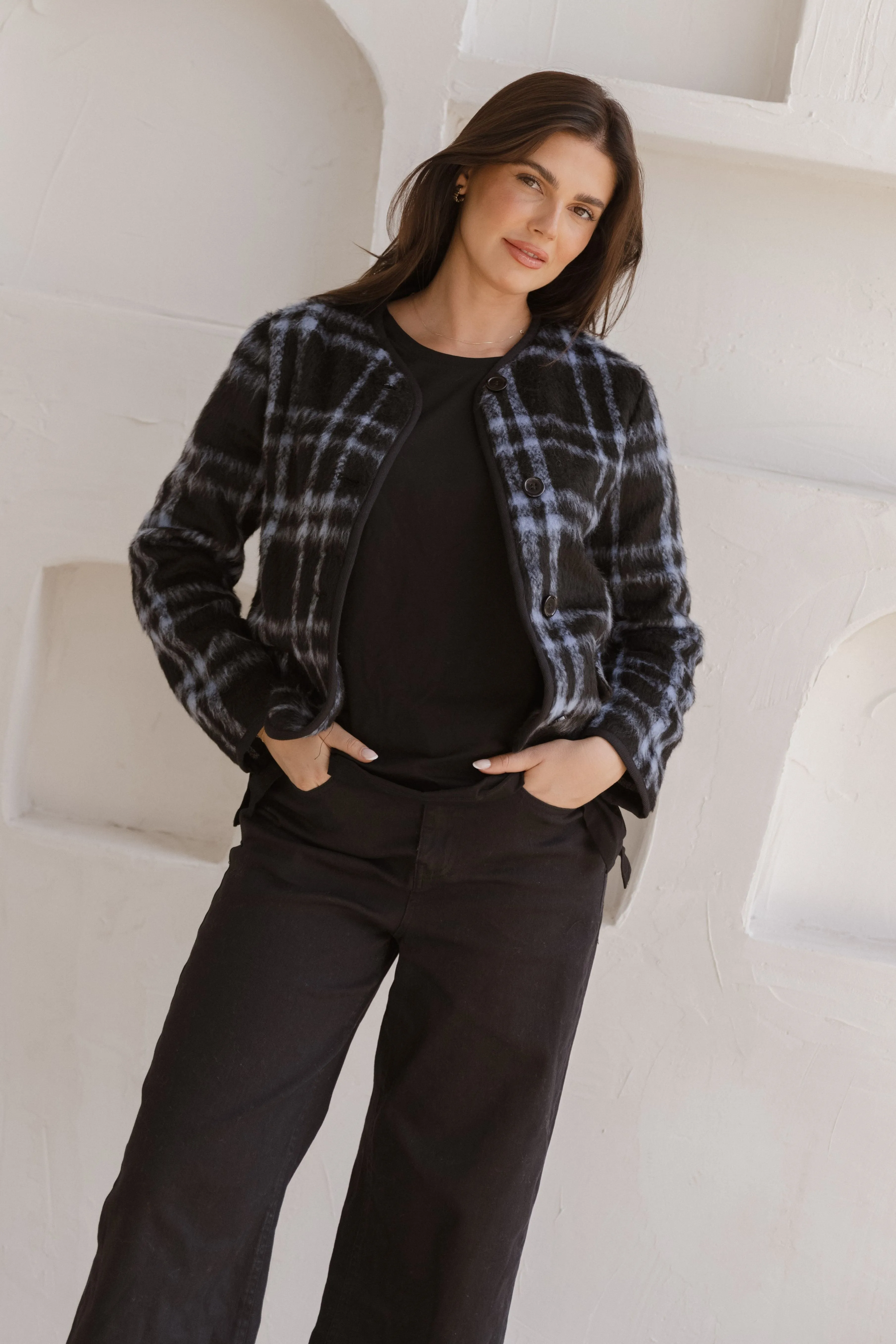 Betty Basics Charlie Check Jacket Blue Check Classic Zip Up AdjustableDrawstring