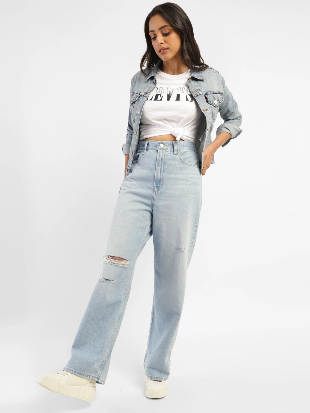 Anti Slip Belt Loops Women's Blue Loose Fit High Rise Jeans