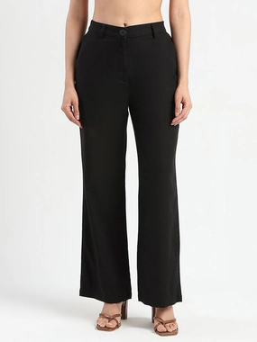 Madame Solid Black Wide Leg Rayon Blend Trousers Fit Flex Minimal Vibe