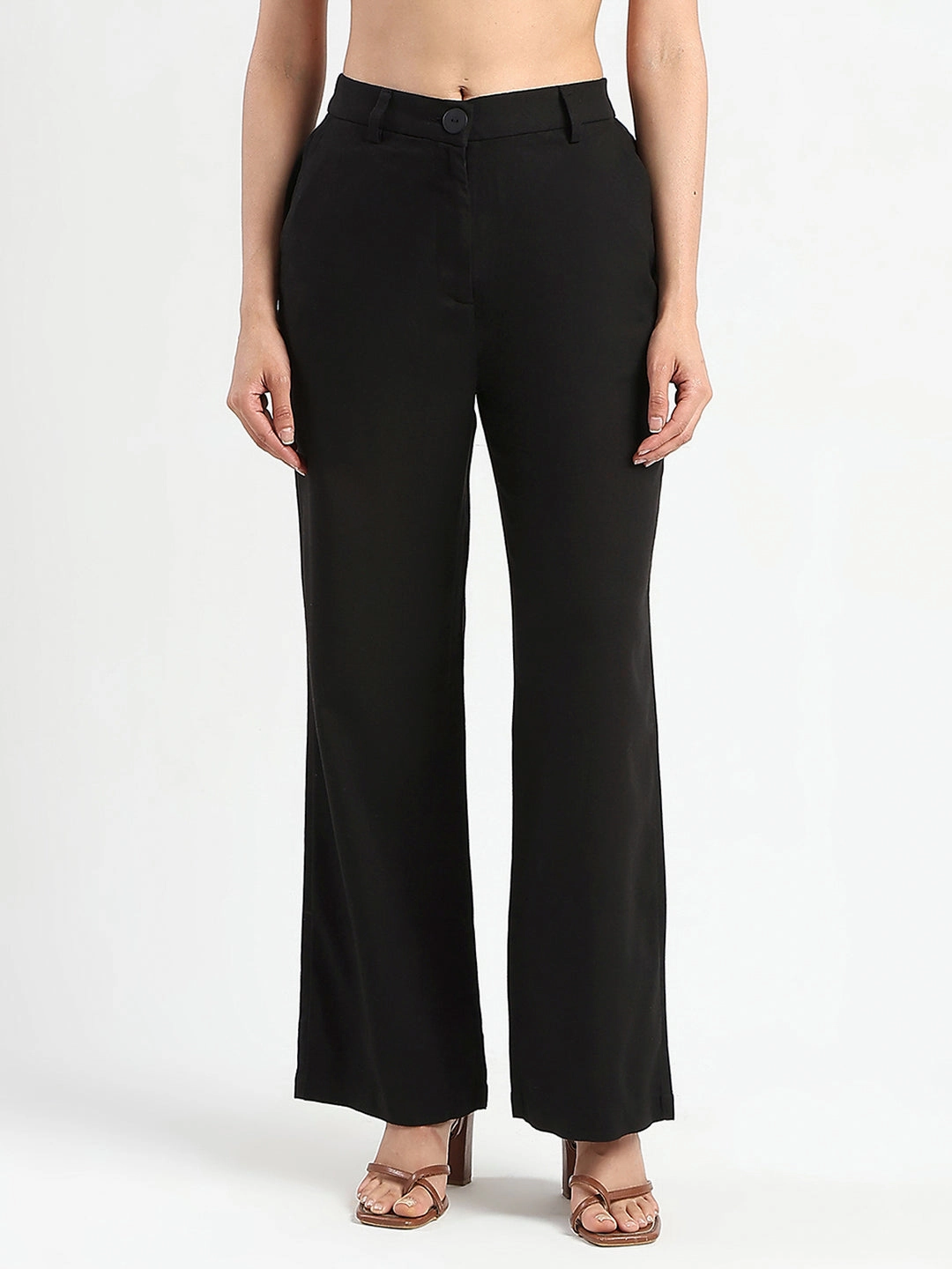 Madame Solid Black Wide Leg Rayon Blend Trousers Fit Flex Minimal Vibe