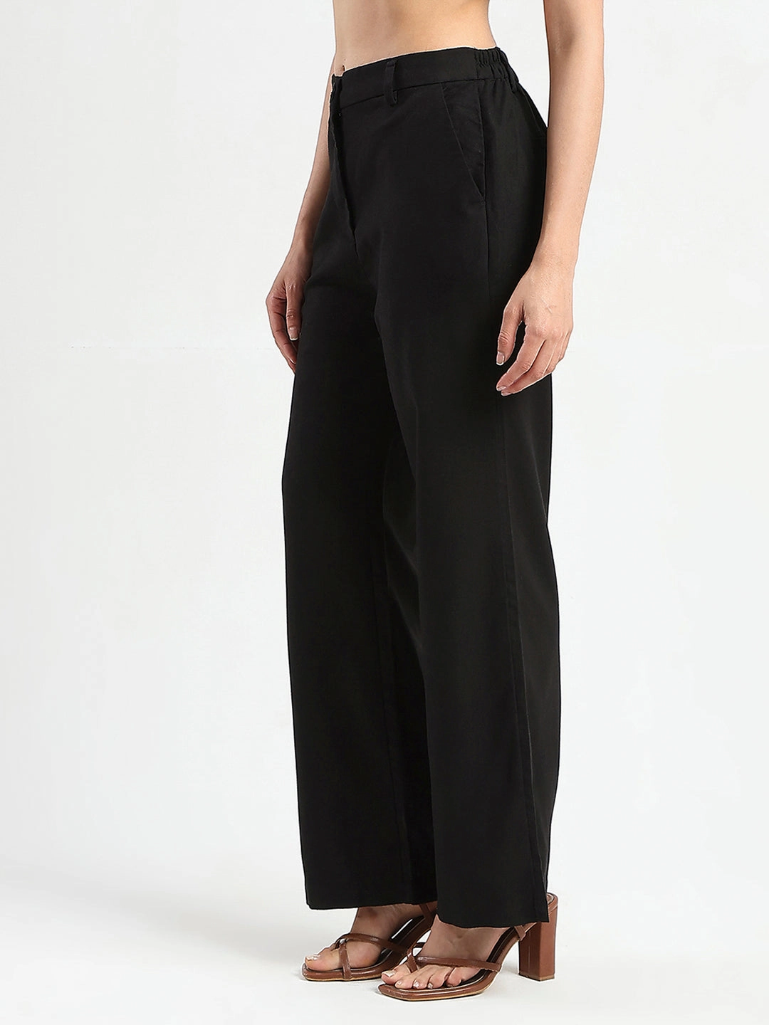 Comfort Waist Tagless Design Madame Solid Black Wide Leg Rayon Blend Trousers