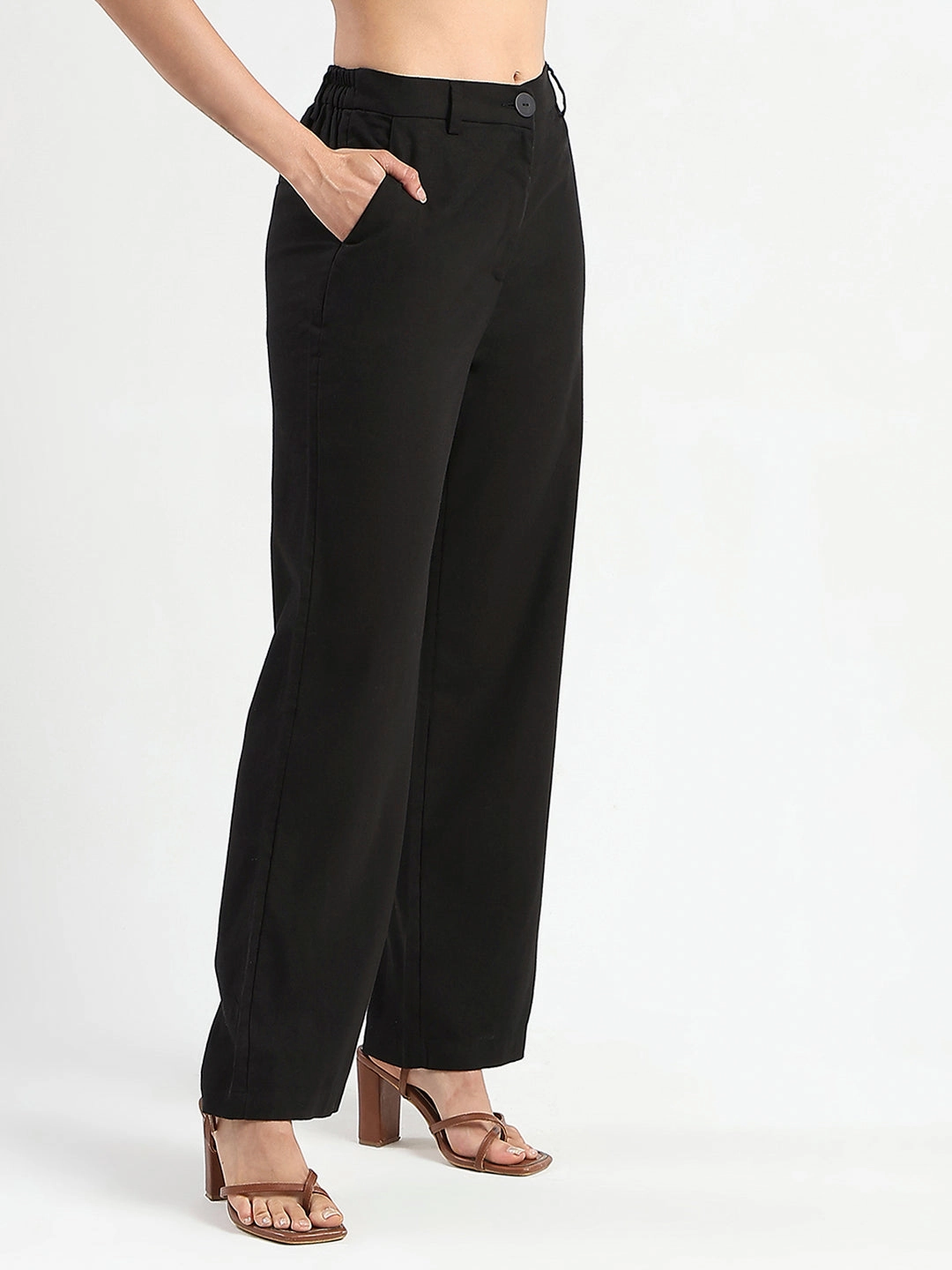 wrinkle free Madame Solid Black Wide Leg Rayon Blend Trousers