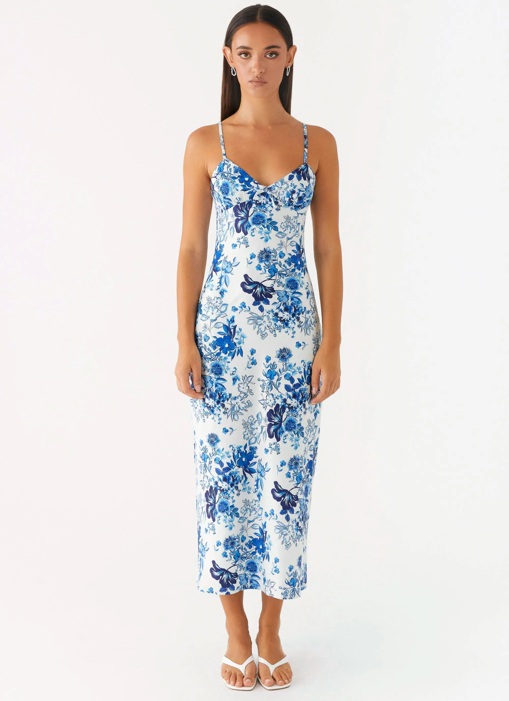 Take Chances Midi Dress - Serene Sky Floral Stylish Waistband Fit Chic Vibe