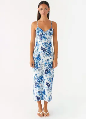 Take Chances Midi Dress - Serene Sky Floral Stylish Waistband Fit Chic Vibe
