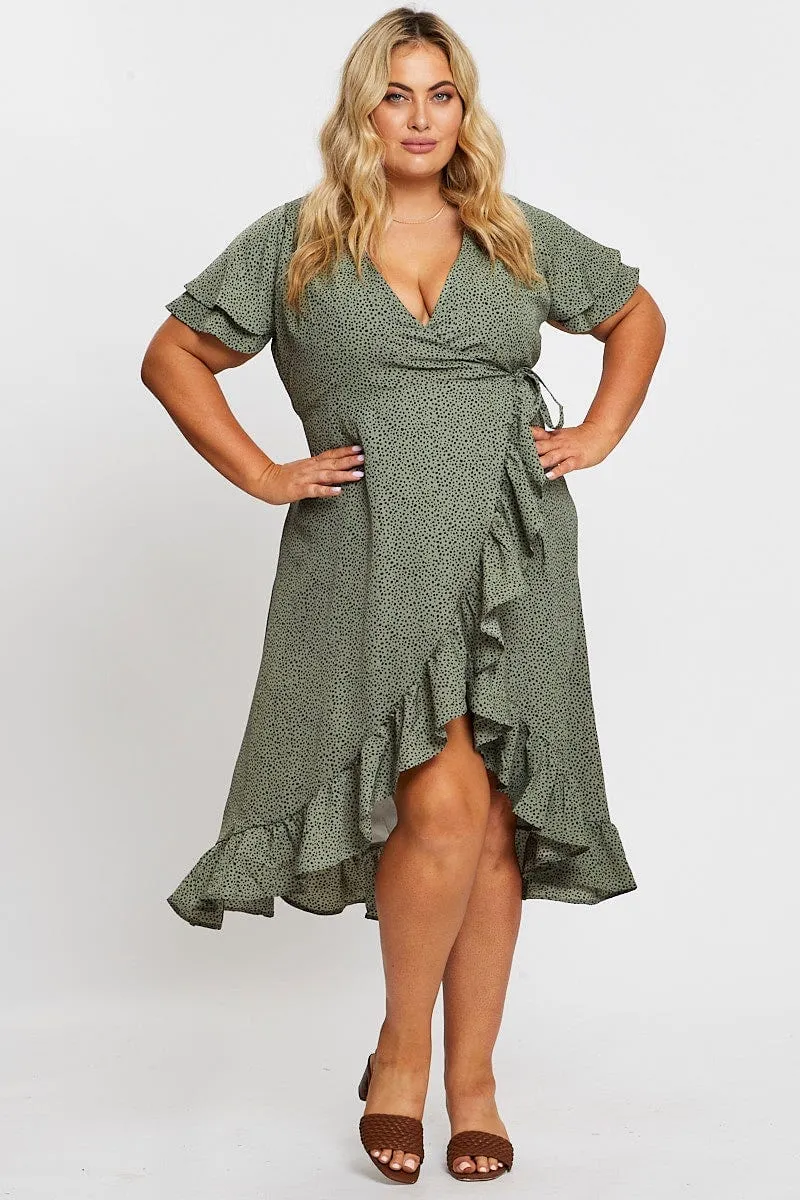 Geo Print Midi Dress Short Sleeve Ruffle Hem Breathable