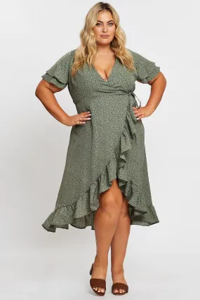 Geo Print Midi Dress Short Sleeve Ruffle Hem Breathable