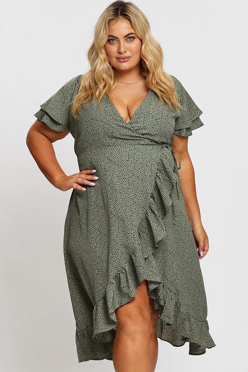 Timeless Wear Geo Print Midi Dress Short Sleeve Ruffle Hem