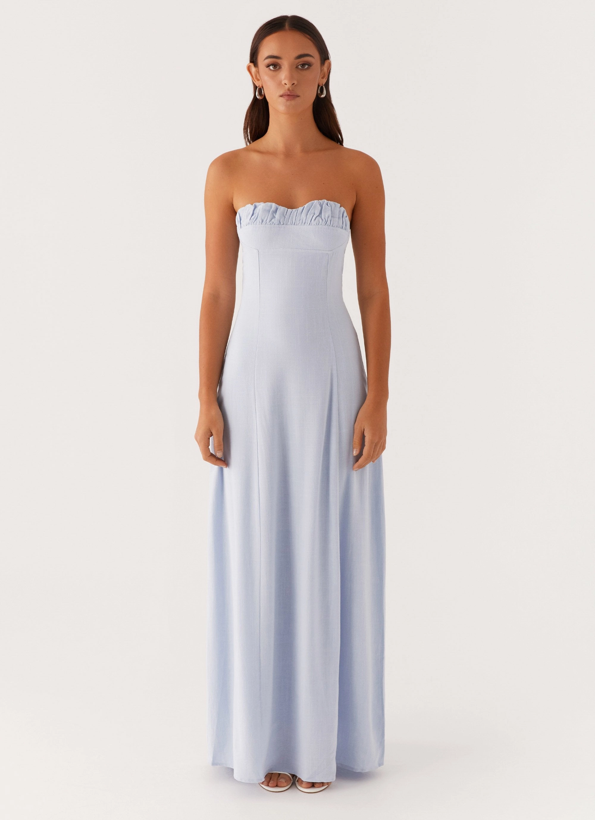 Tayla Linen Maxi Dress - Blue Lace-Edge French Vibe