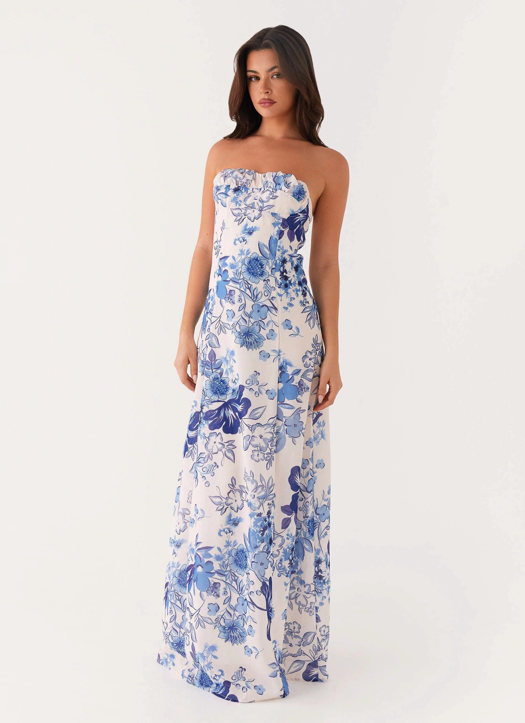 Tayla Linen Maxi Dress - Serene Sky Floral Lounge Feel