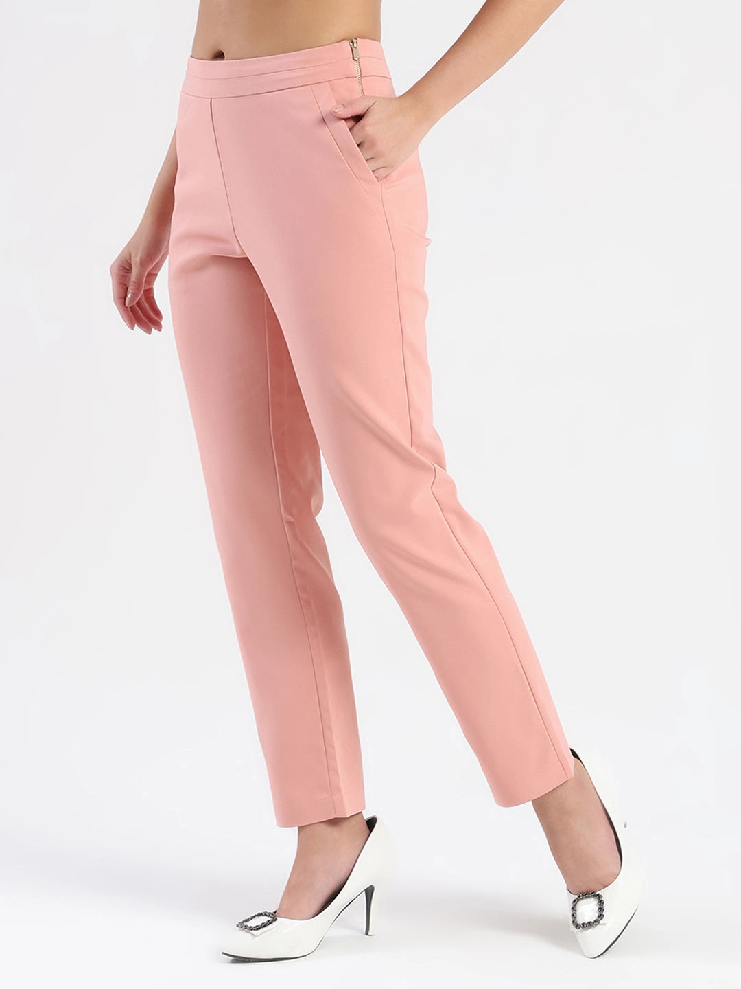 Madame High-Waist Cotton Blend Pink Trousers Sophisticated Look