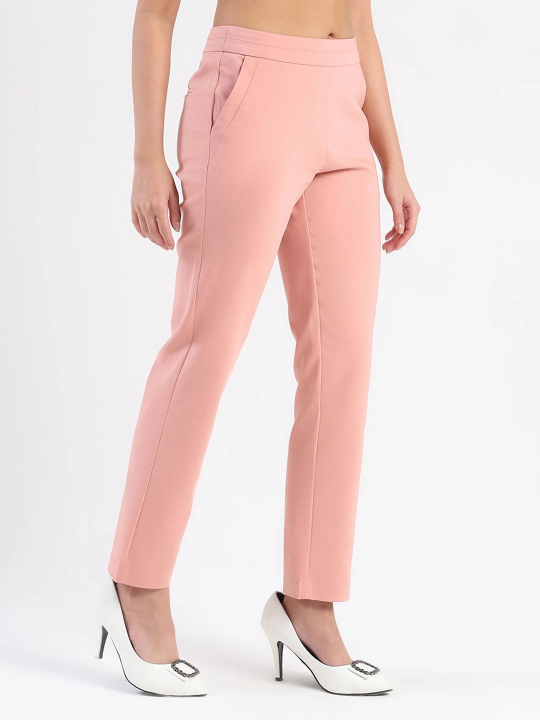 elastic waistband Madame High-Waist Cotton Blend Pink Trousers