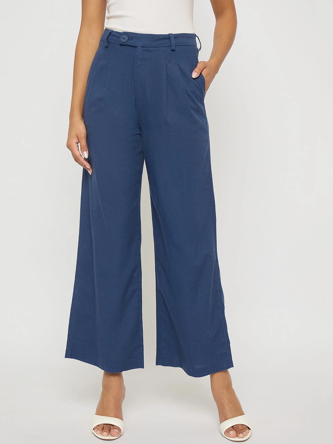 Madame Solid Navy Blue Rayon Blend Gurkha Trousers Clean Cut Essential Layer
