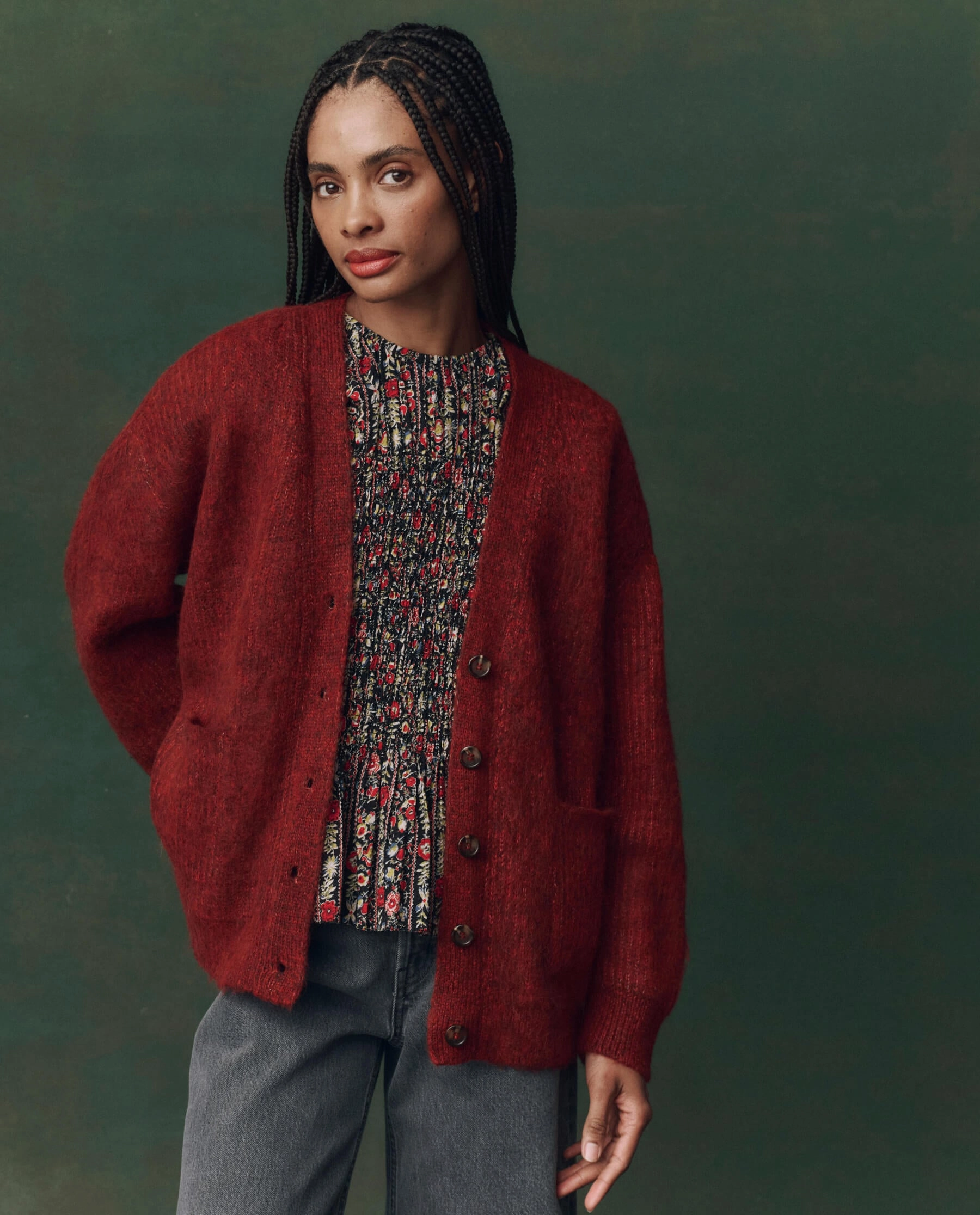 The Brushed Melange Cardigan. -- Cinder Elastic design fuzzy texture