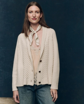 Casual Chic Knit Lightweight Warmth The Cashmere Cable Lodge Cardigan. -- Cream