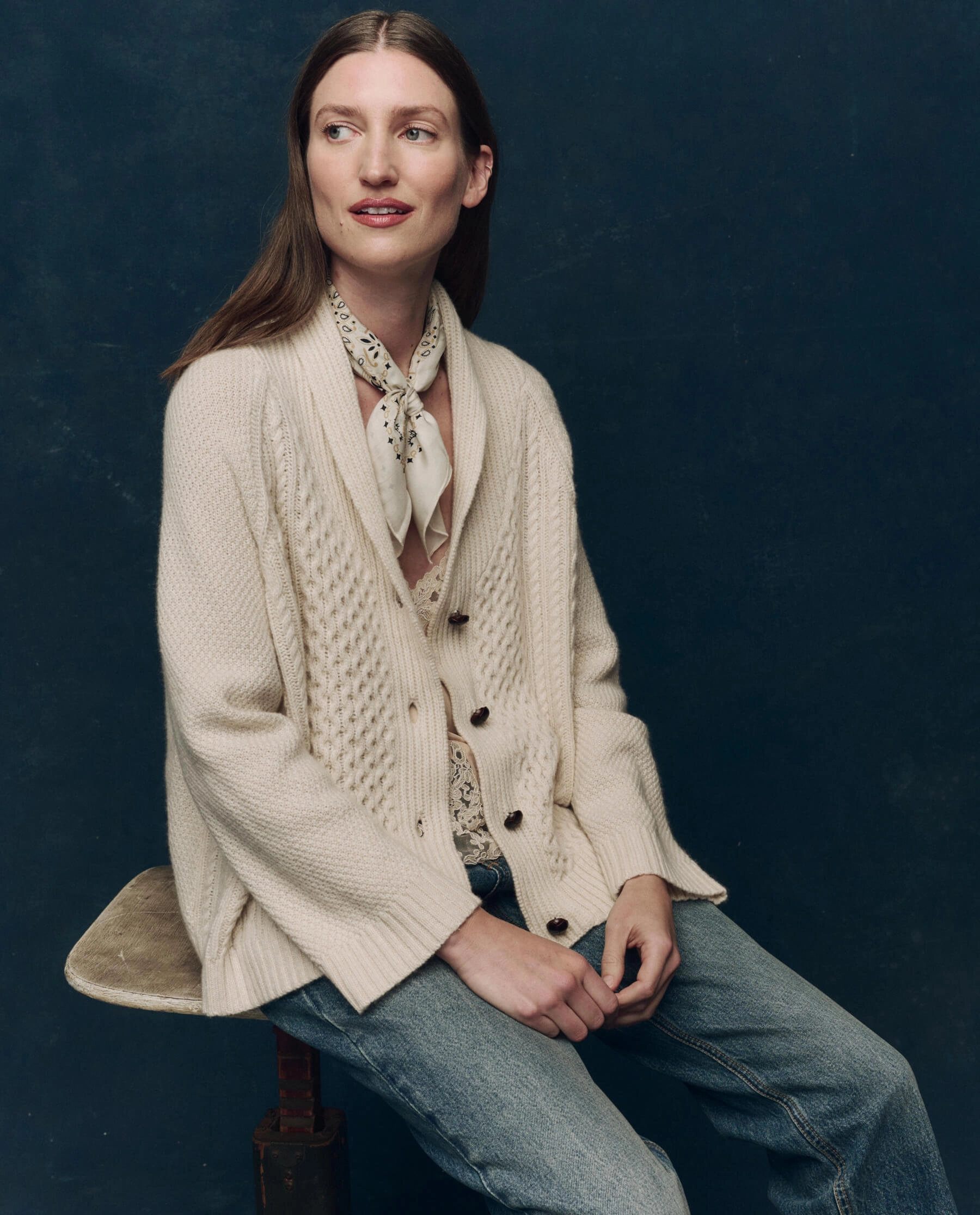 The Cashmere Cable Lodge Cardigan. -- Cream Modern Knit