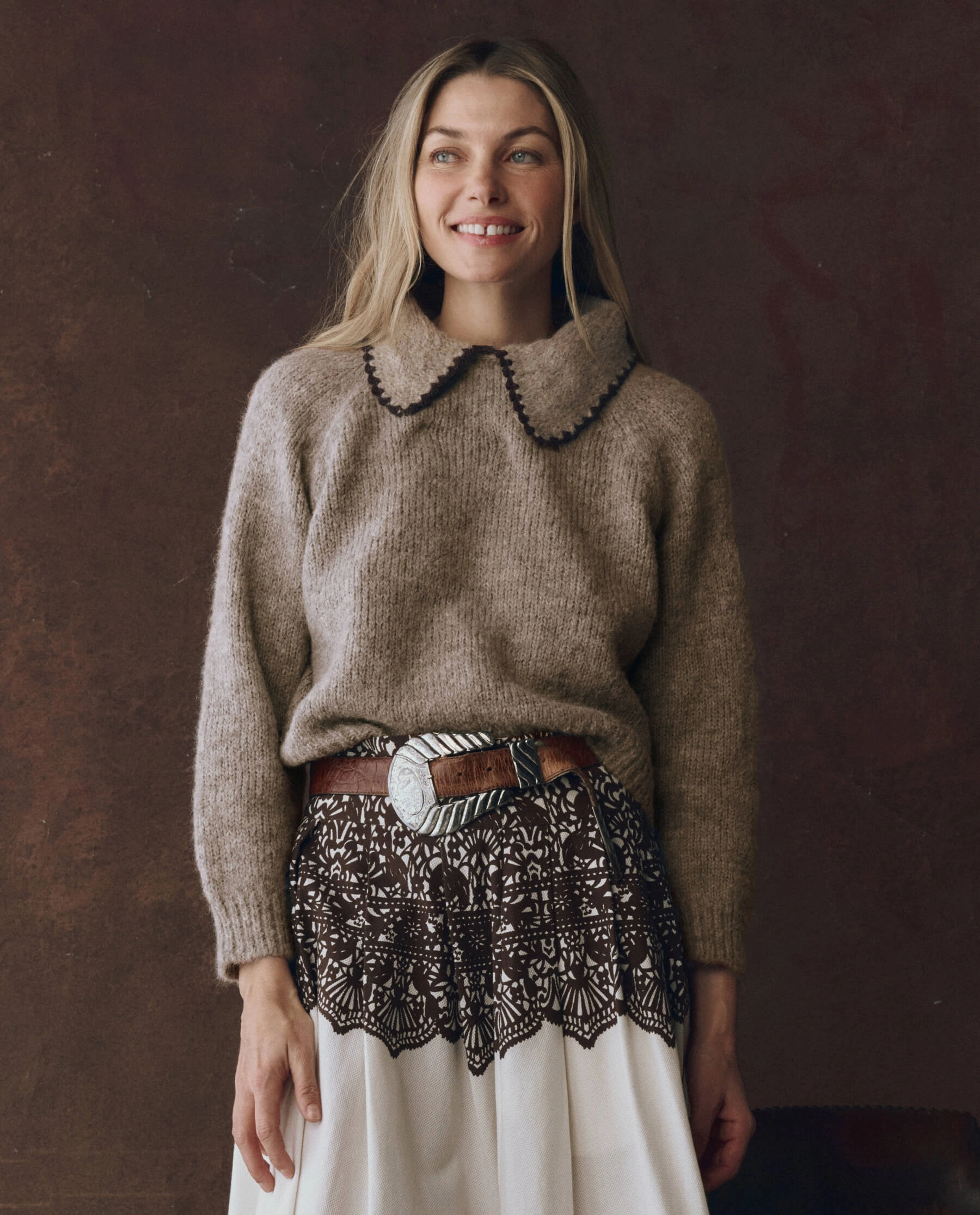 The Crochet Collar Pullover. -- Oat with Brown Flex Fit