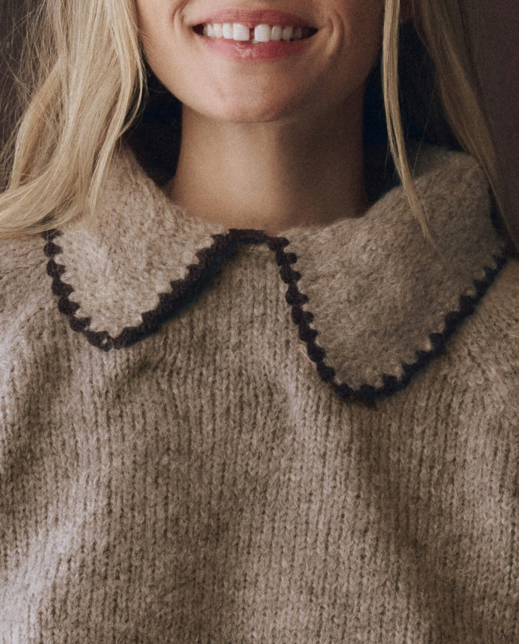 The Crochet Collar Pullover. -- Oat with Brown All Season Wear
