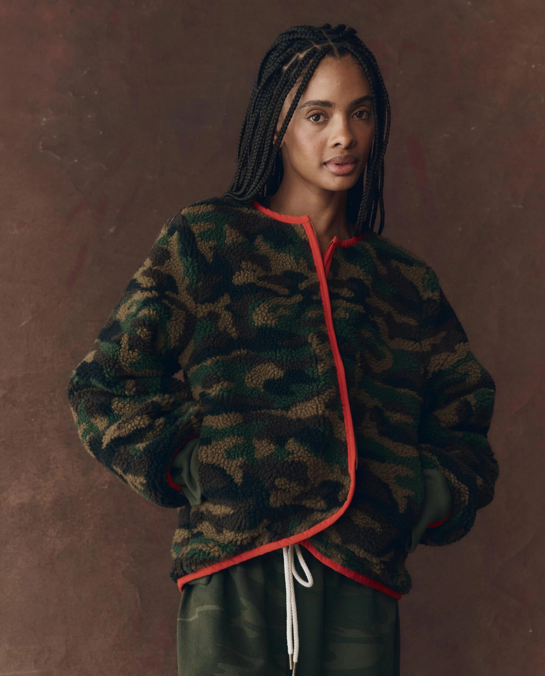 Knitwear Comfort Cozy Designs The Reversible Plush Bomber. -- Camo & Hot Red