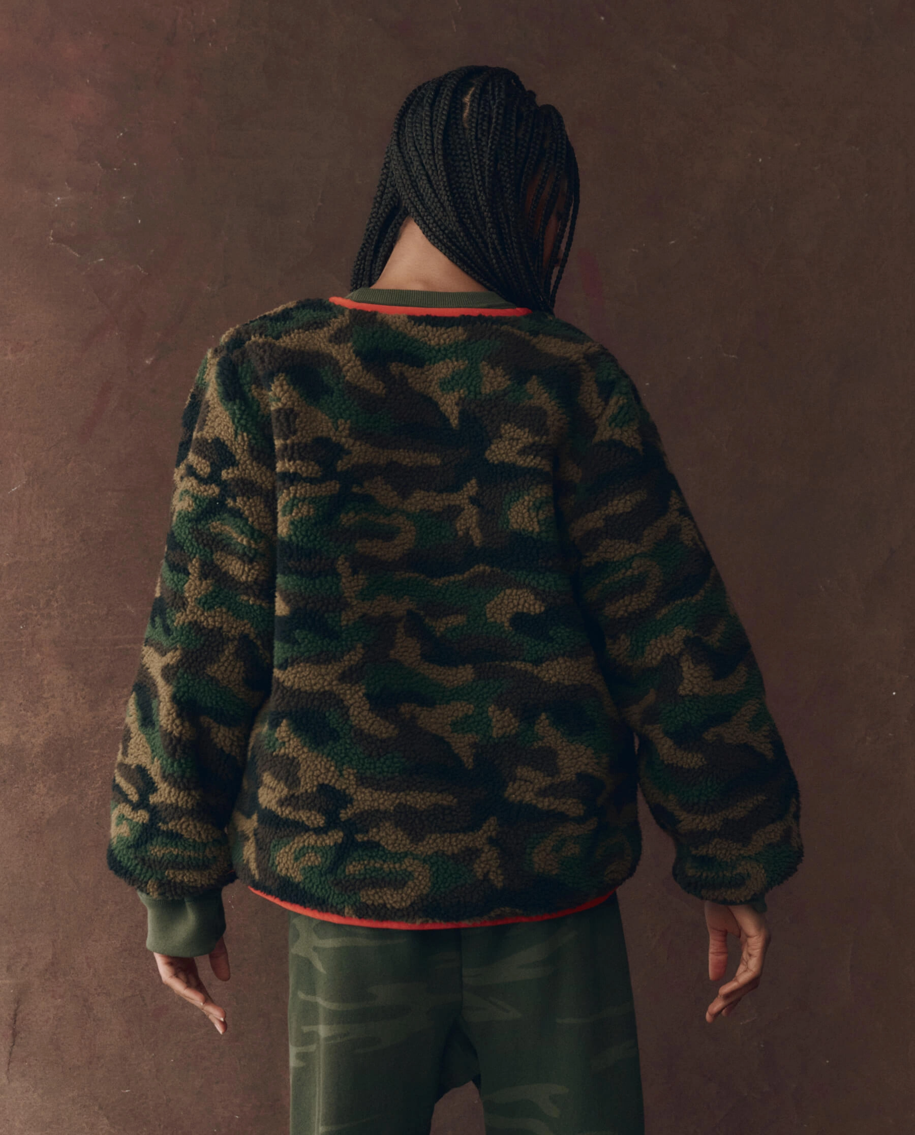 Simple Cozy Soft Knit Style The Reversible Plush Bomber. -- Camo & Hot Red
