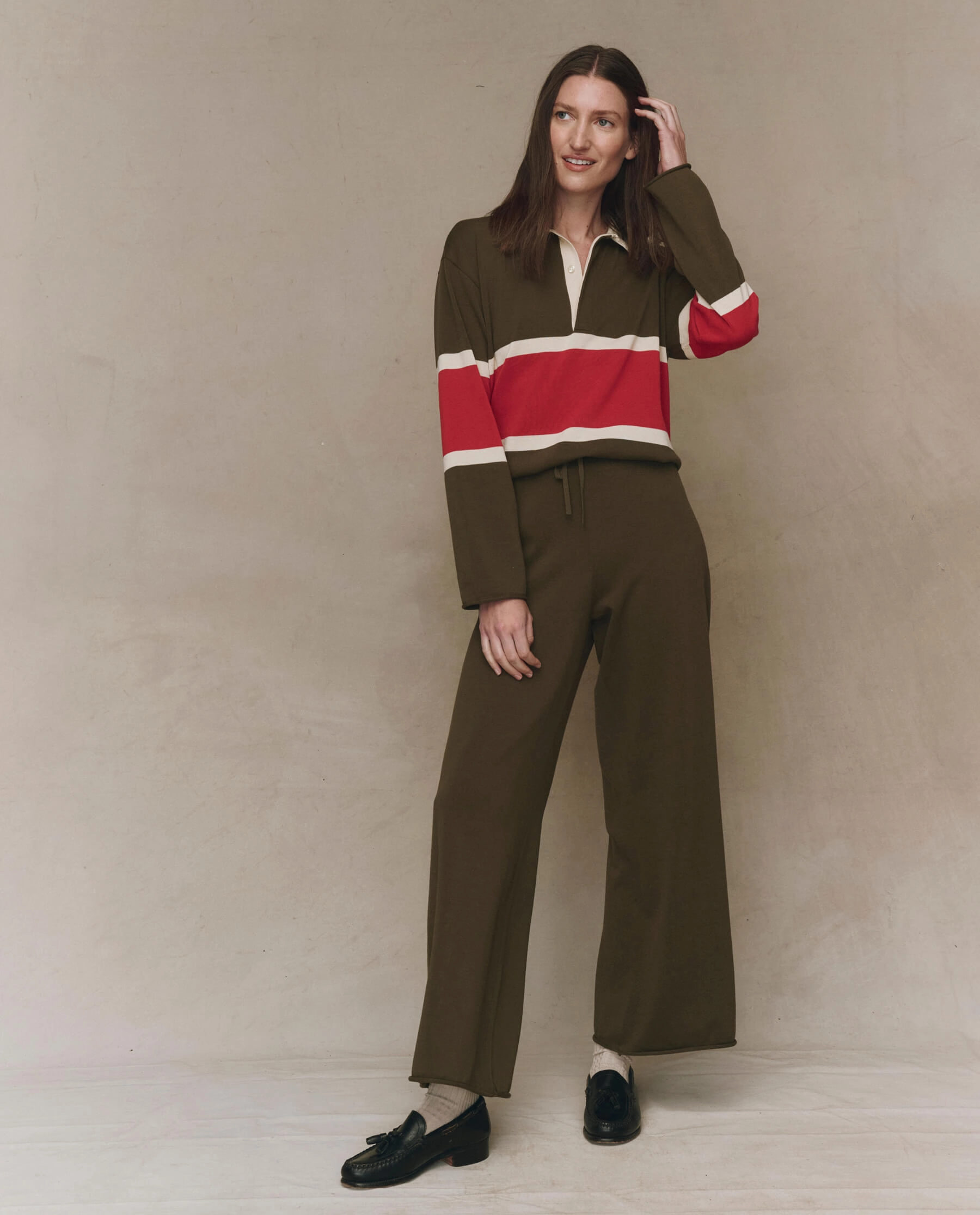 Winter Must-Have Knit Snuggly Pieces The Rugby Sweater. Novelty -- Army with Hot Red Stripe
