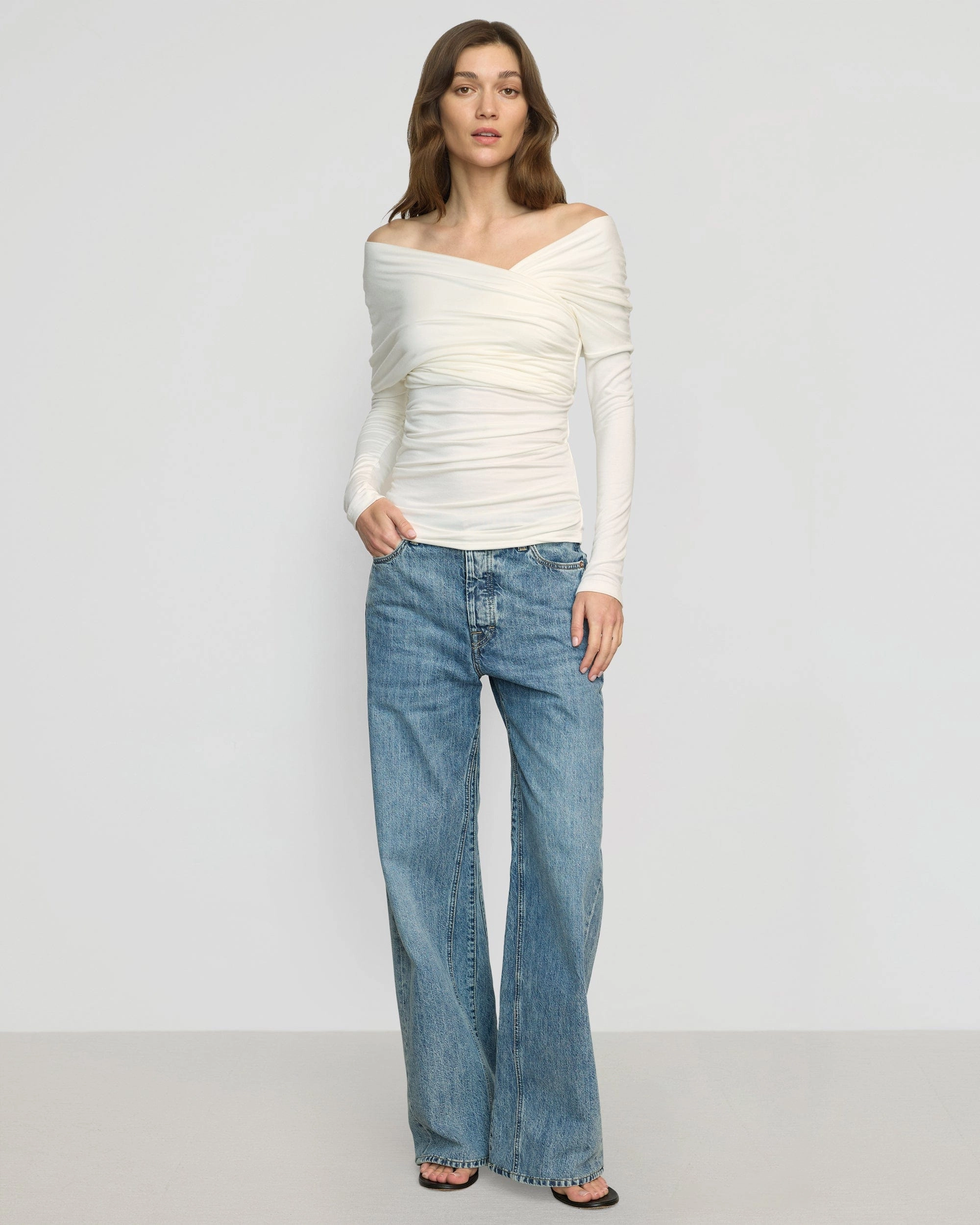 Minimalist fashion UV protected Theresa Ruched Off-Shoulder Long-Sleeve Tee