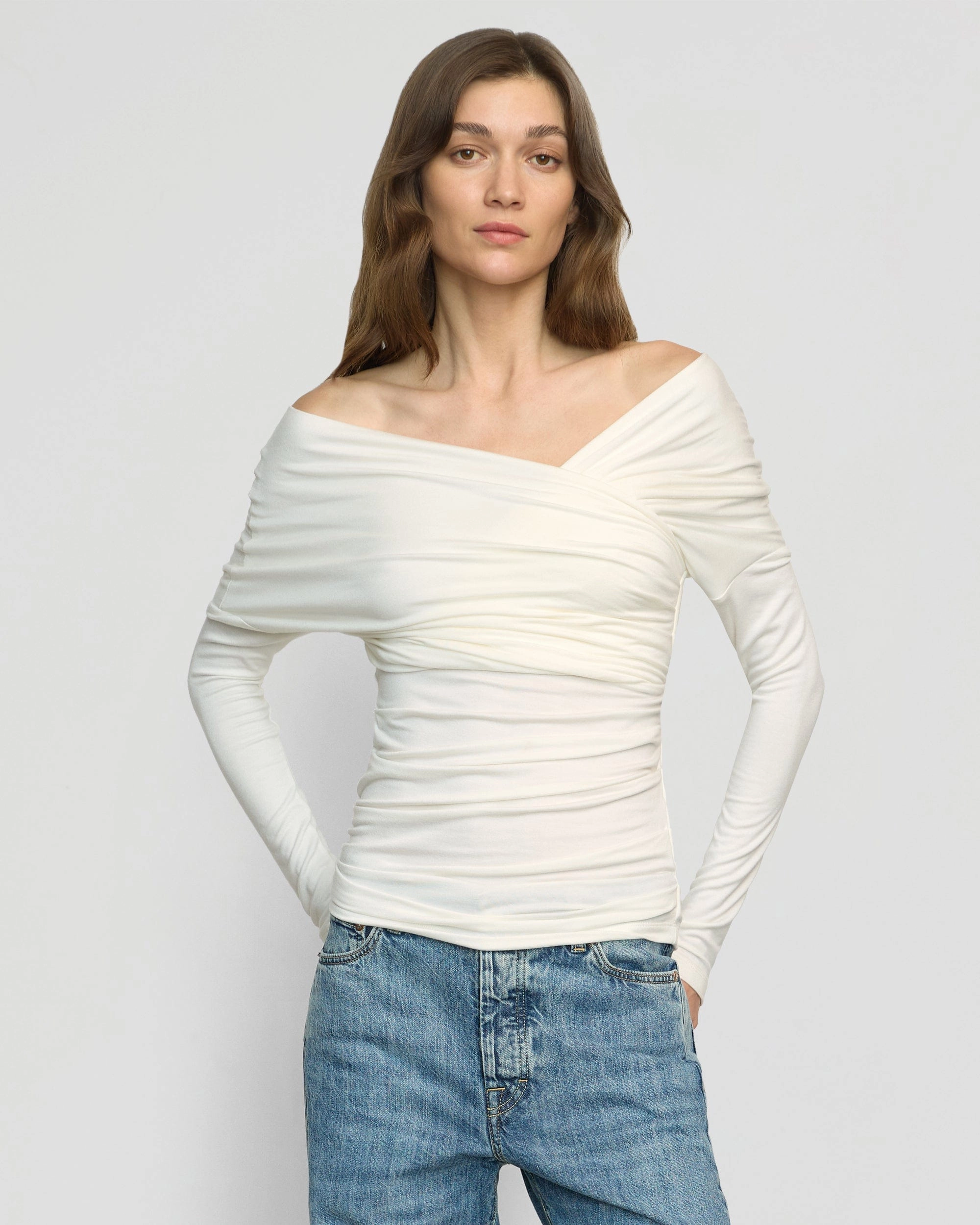 Theresa Ruched Off-Shoulder Long-Sleeve Tee Perfectly Fit