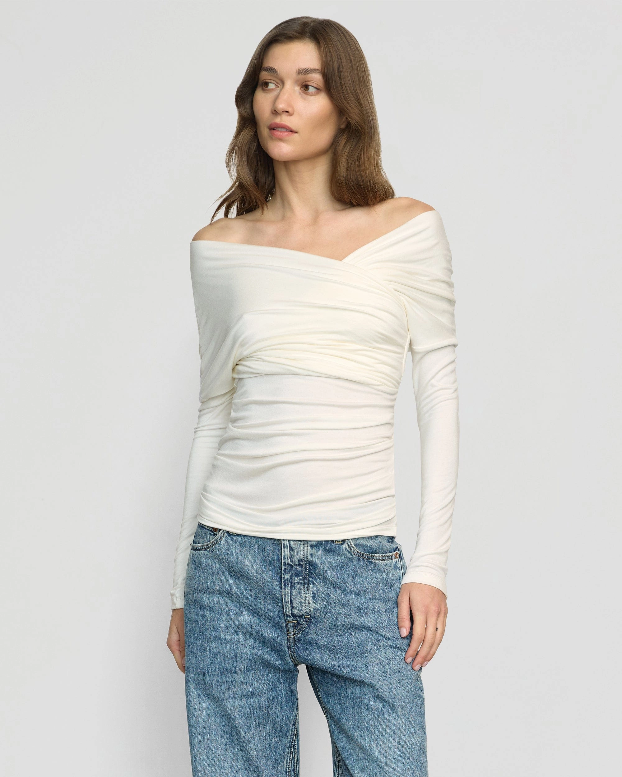 BiodegradableMaterial Theresa Ruched Off-Shoulder Long-Sleeve Tee