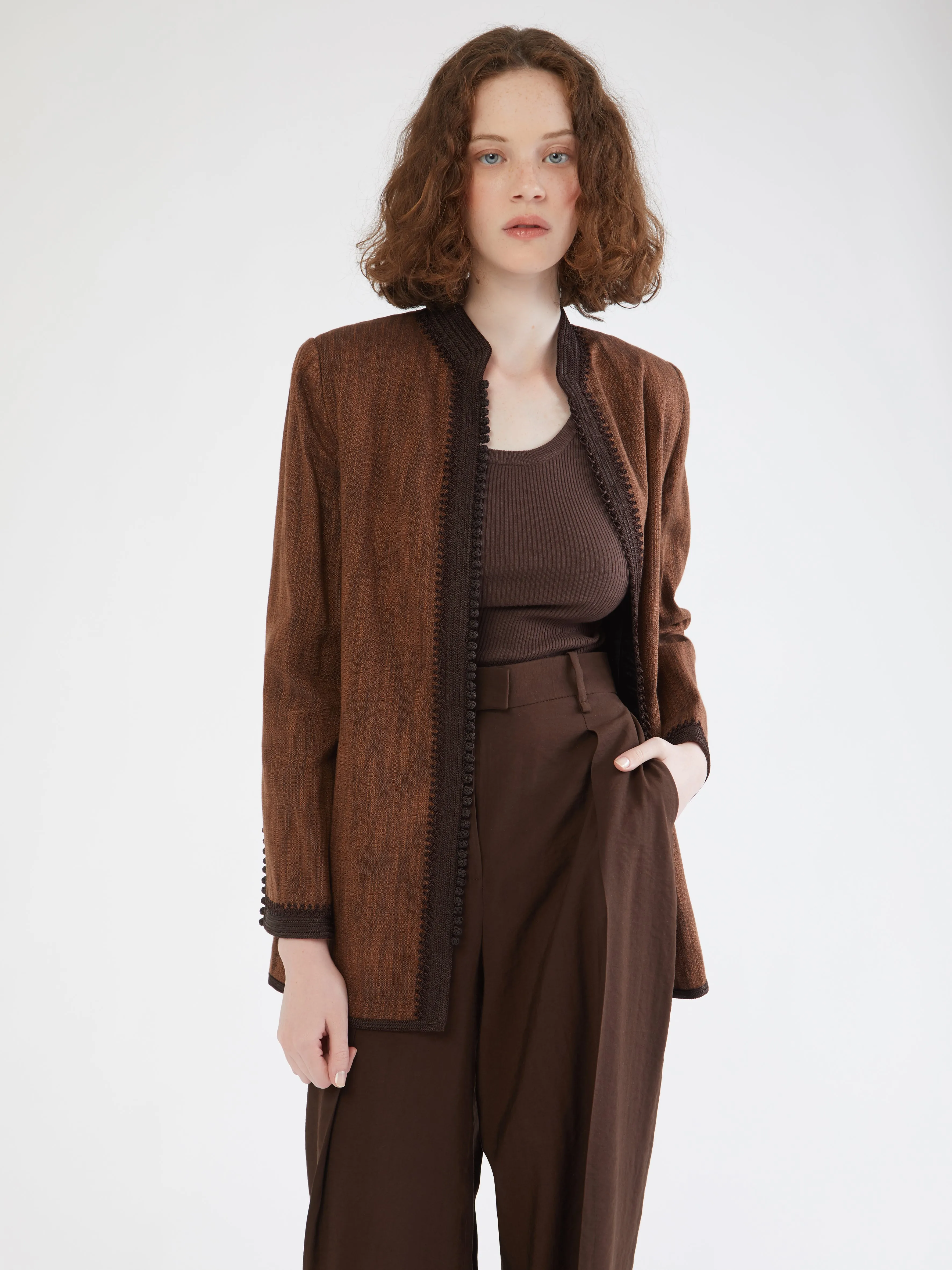 High Collar Style ElasticWaistband Moroccan linen blazer