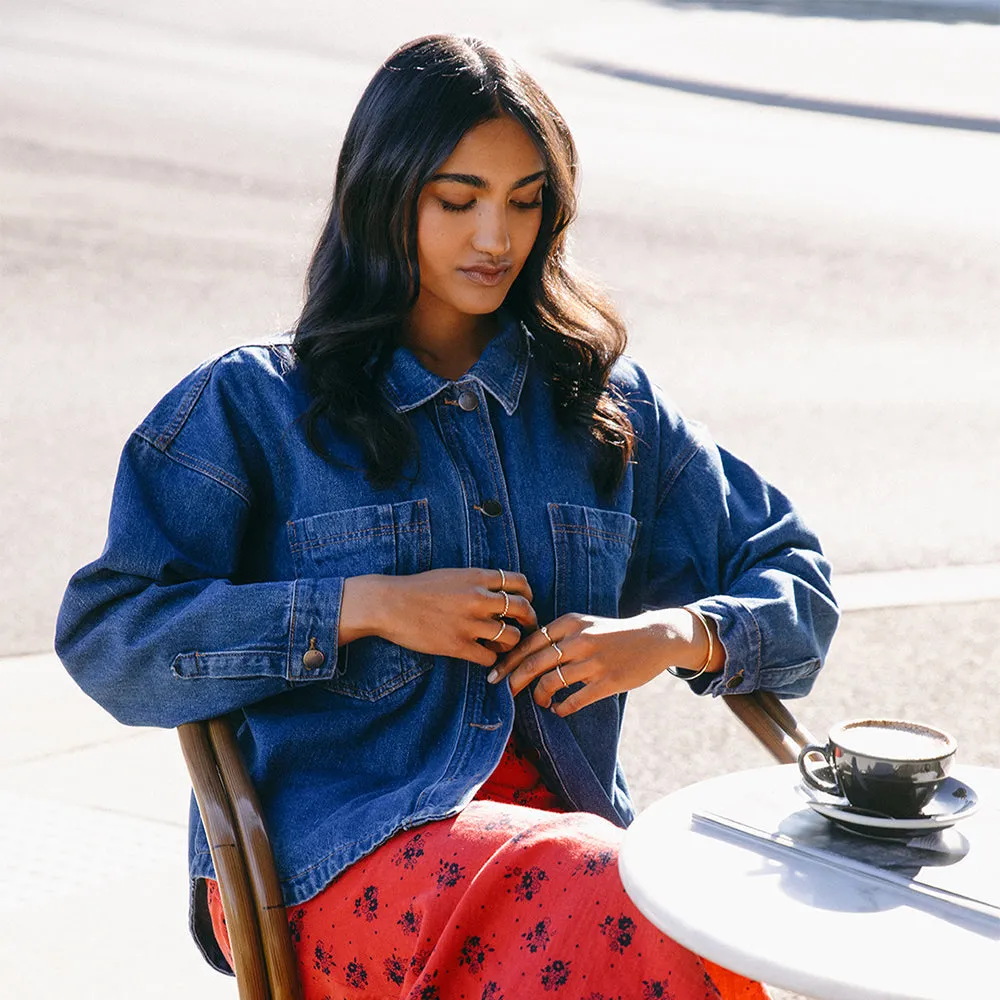 All About Eve Dale Shacket Heritage Blue Mold Resistant Coating Hidden Pocket System