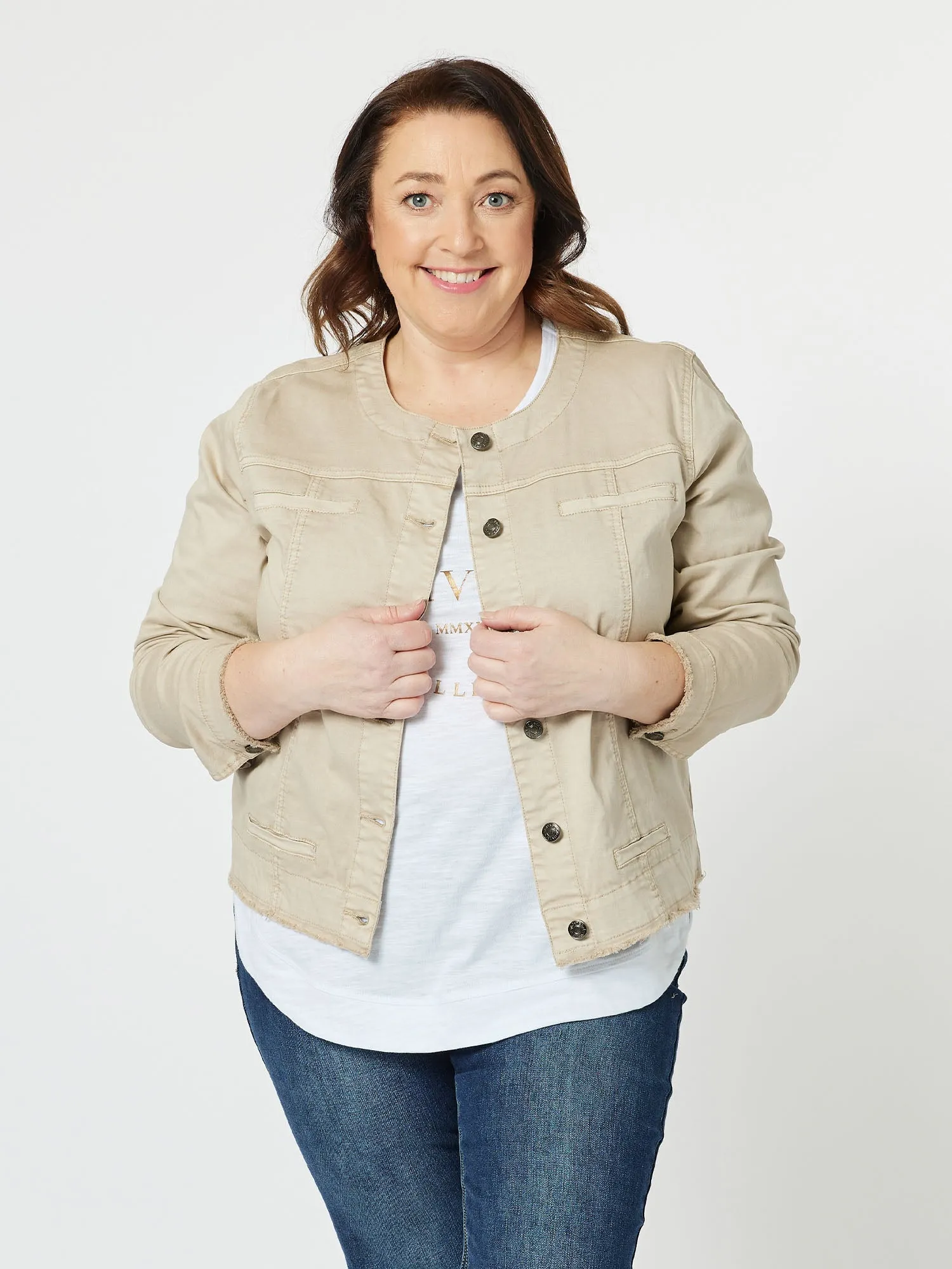 Threadz Collarless Denim Jacket Natural Weatherproof Zipper