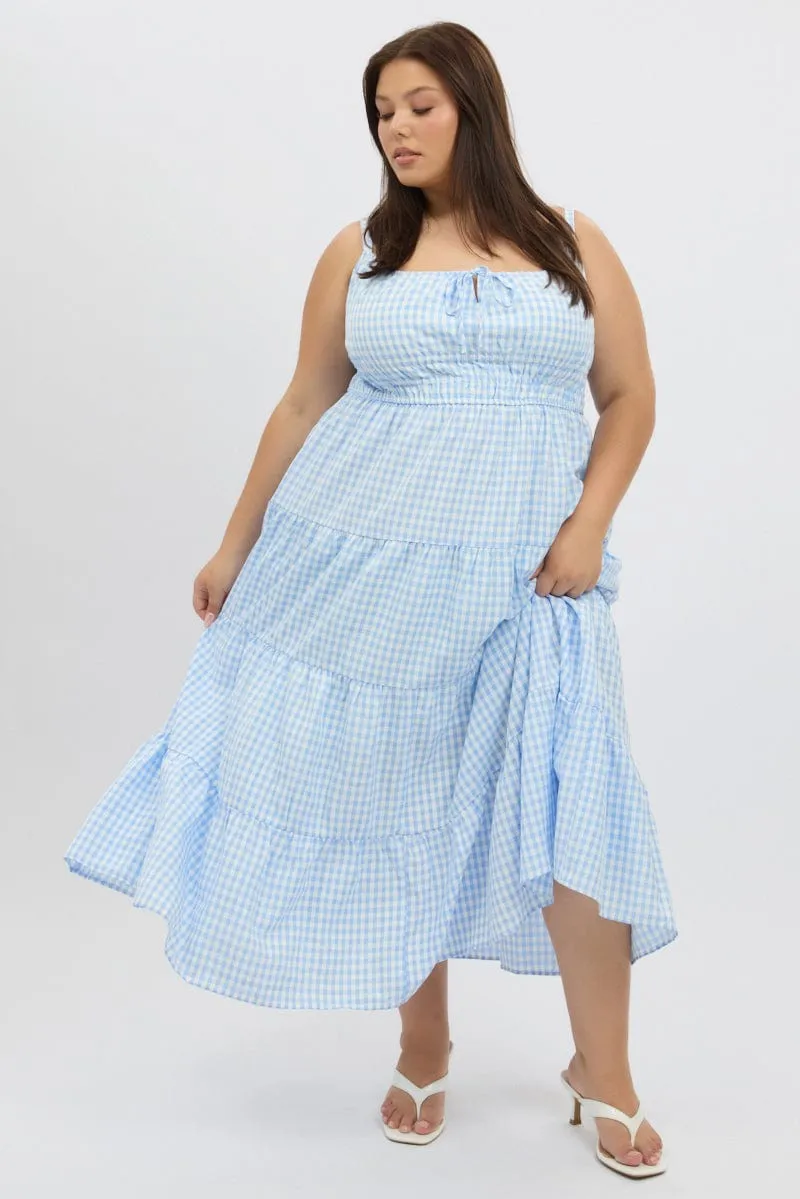 Love Energy Blue Check Midi Dress Sleeveless Tiered