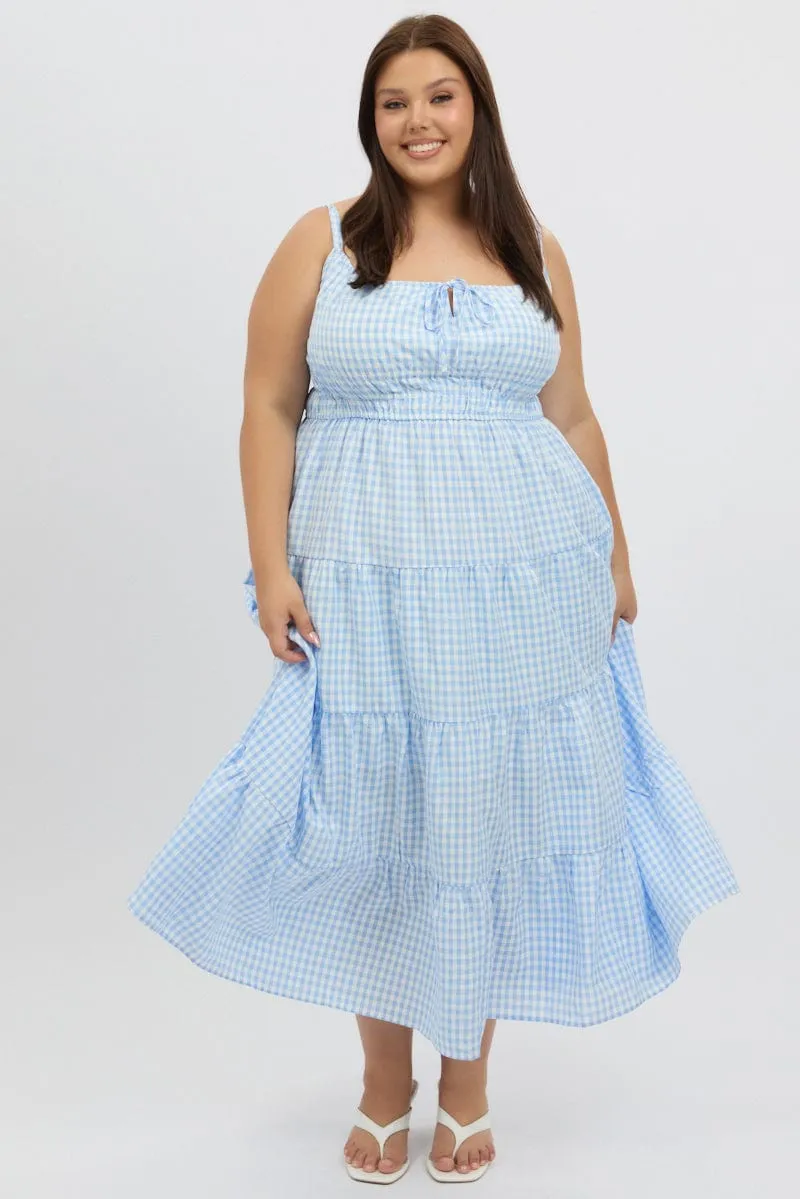 Lounge Comfort Blue Check Midi Dress Sleeveless Tiered
