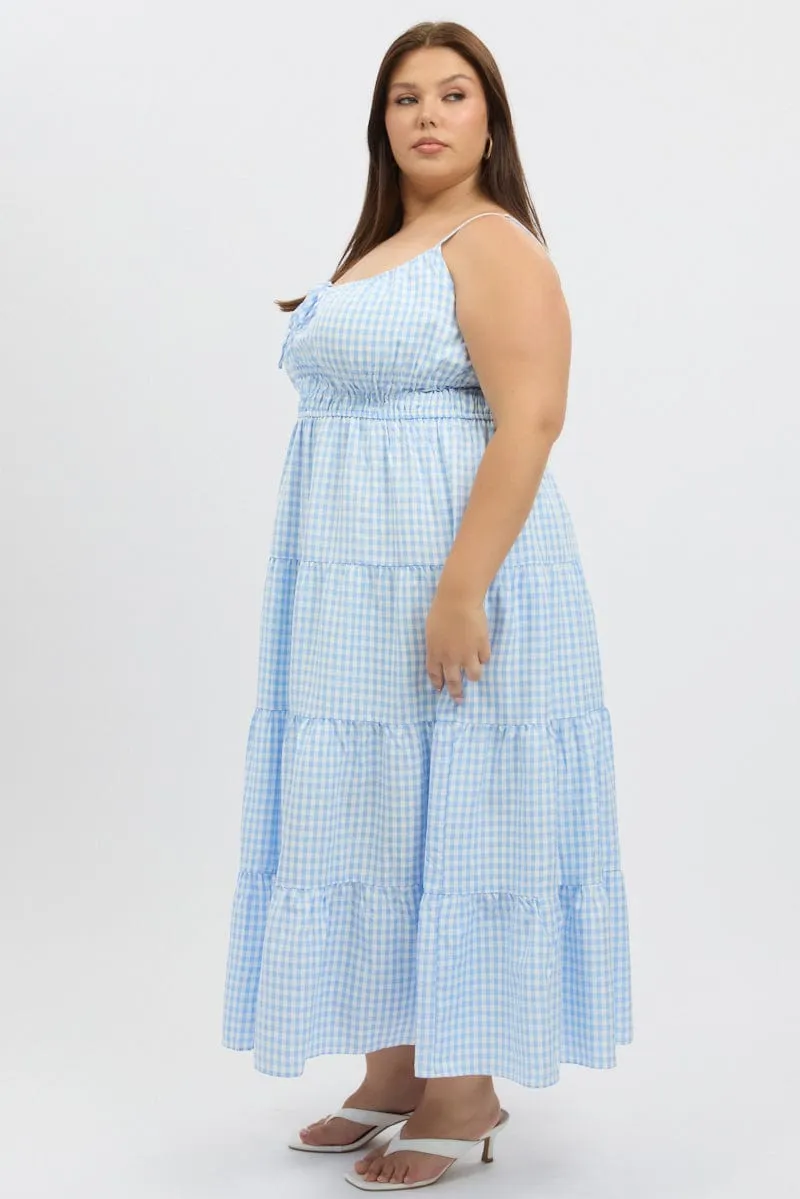 Refined fit Blue Check Midi Dress Sleeveless Tiered
