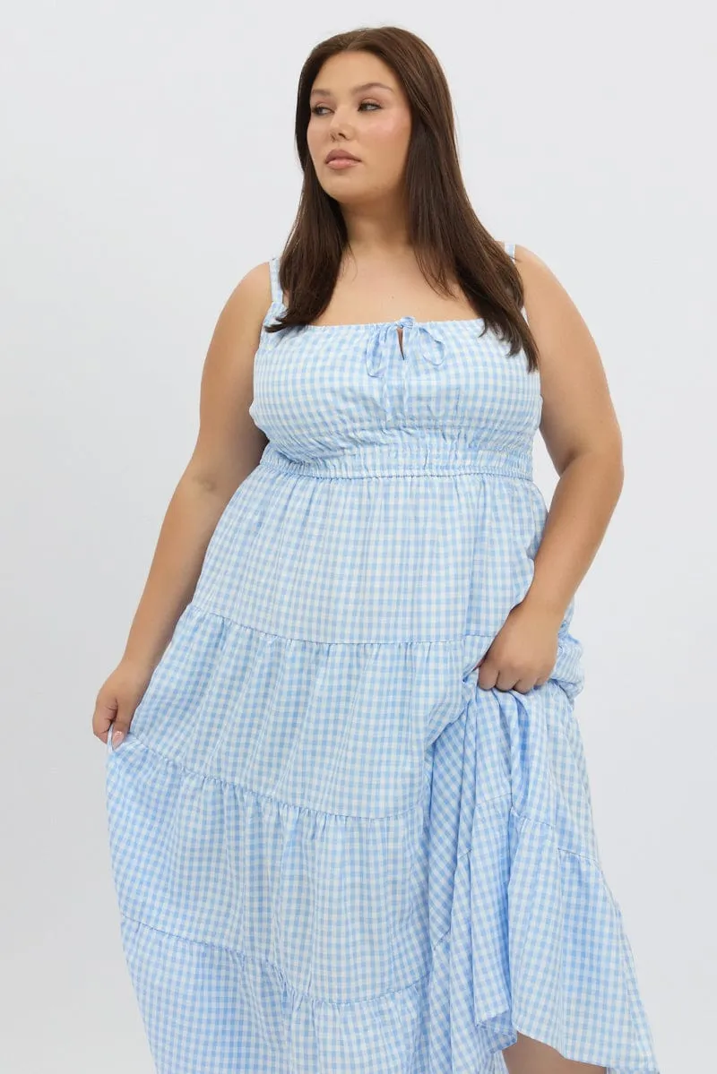 Blue Check Midi Dress Sleeveless Tiered Minimalist Design