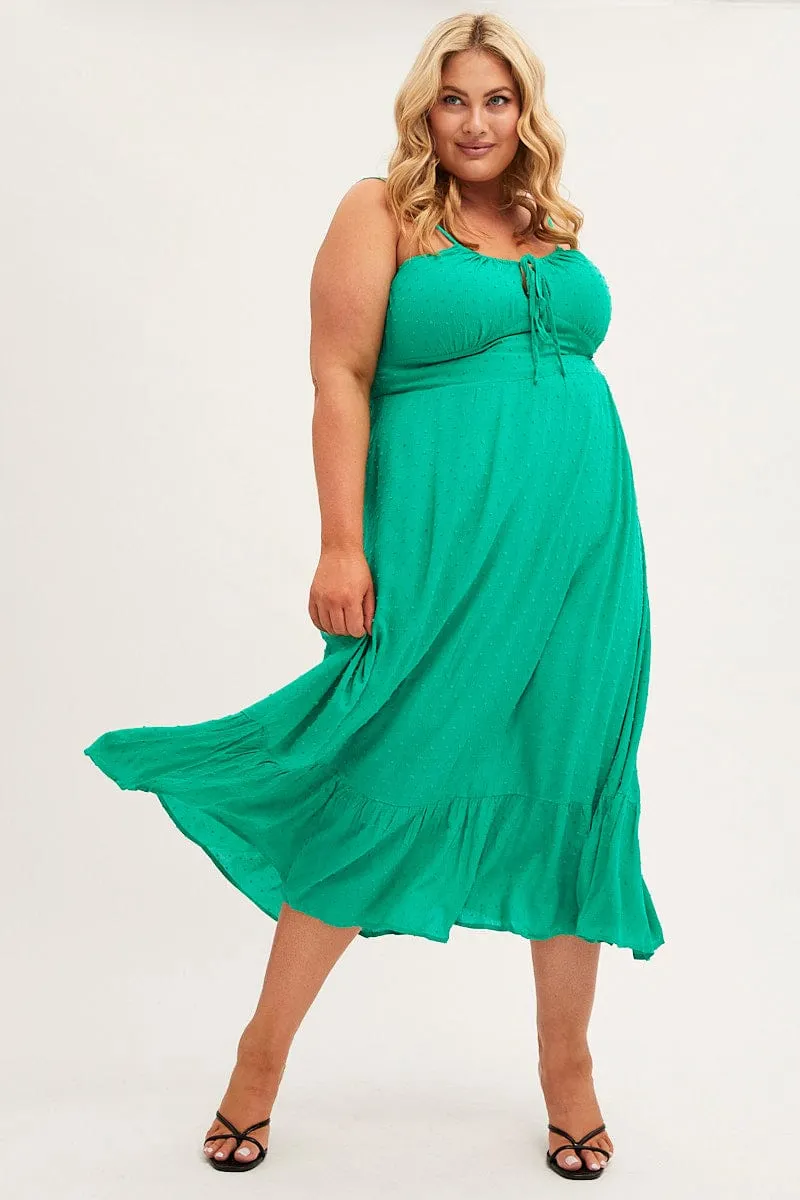 Green Midi Dress Shoestring Strap Gather Bust Frill Hem Balanced Lines Walk Grace