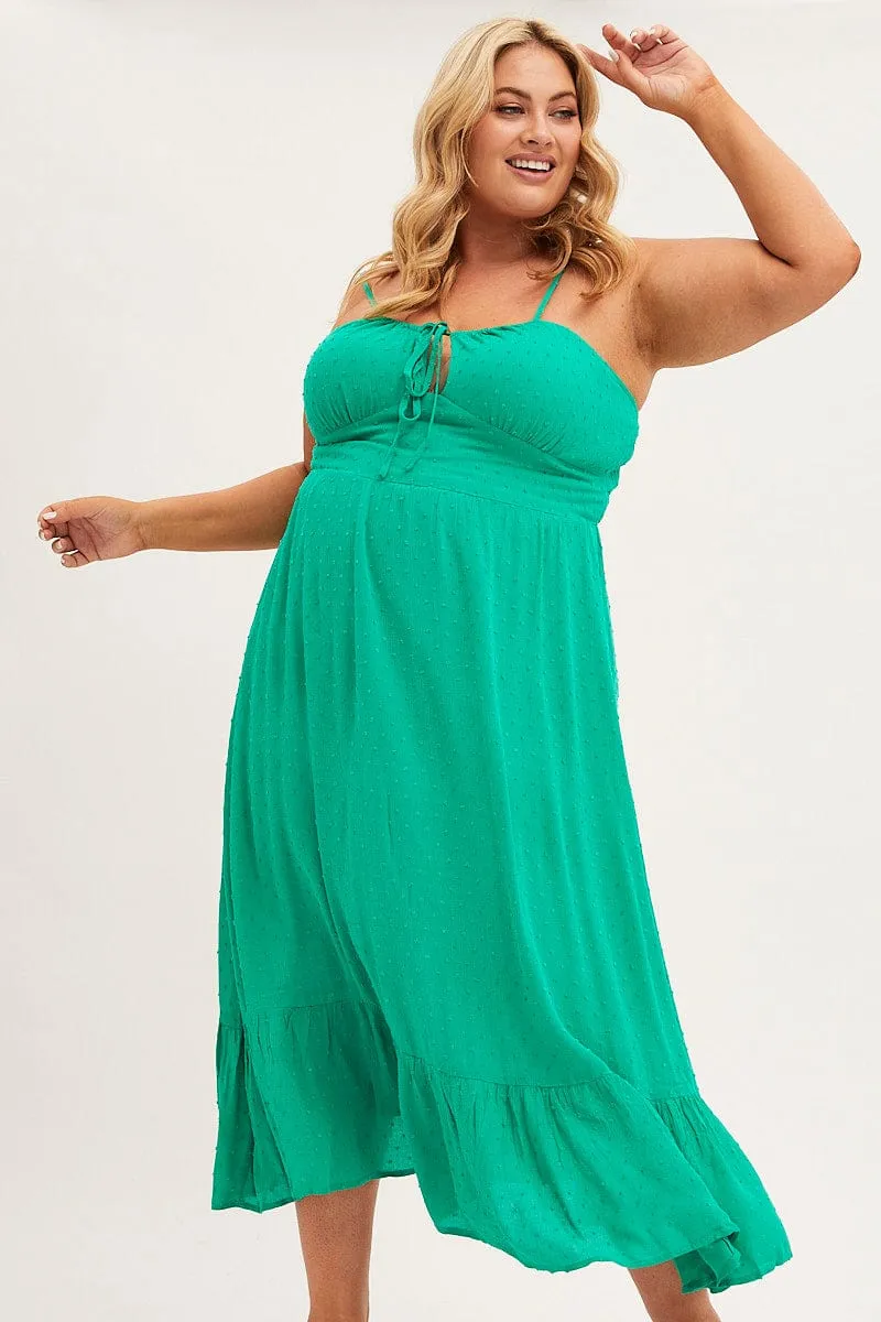 Soft and Chic animal-print Green Midi Dress Shoestring Strap Gather Bust Frill Hem