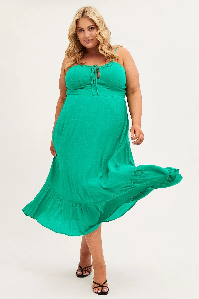 Green Midi Dress Shoestring Strap Gather Bust Frill Hem Lightweight Piece Chic Waistband