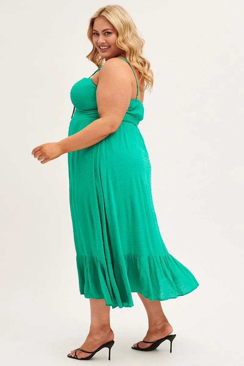Compact Fit Green Midi Dress Shoestring Strap Gather Bust Frill Hem