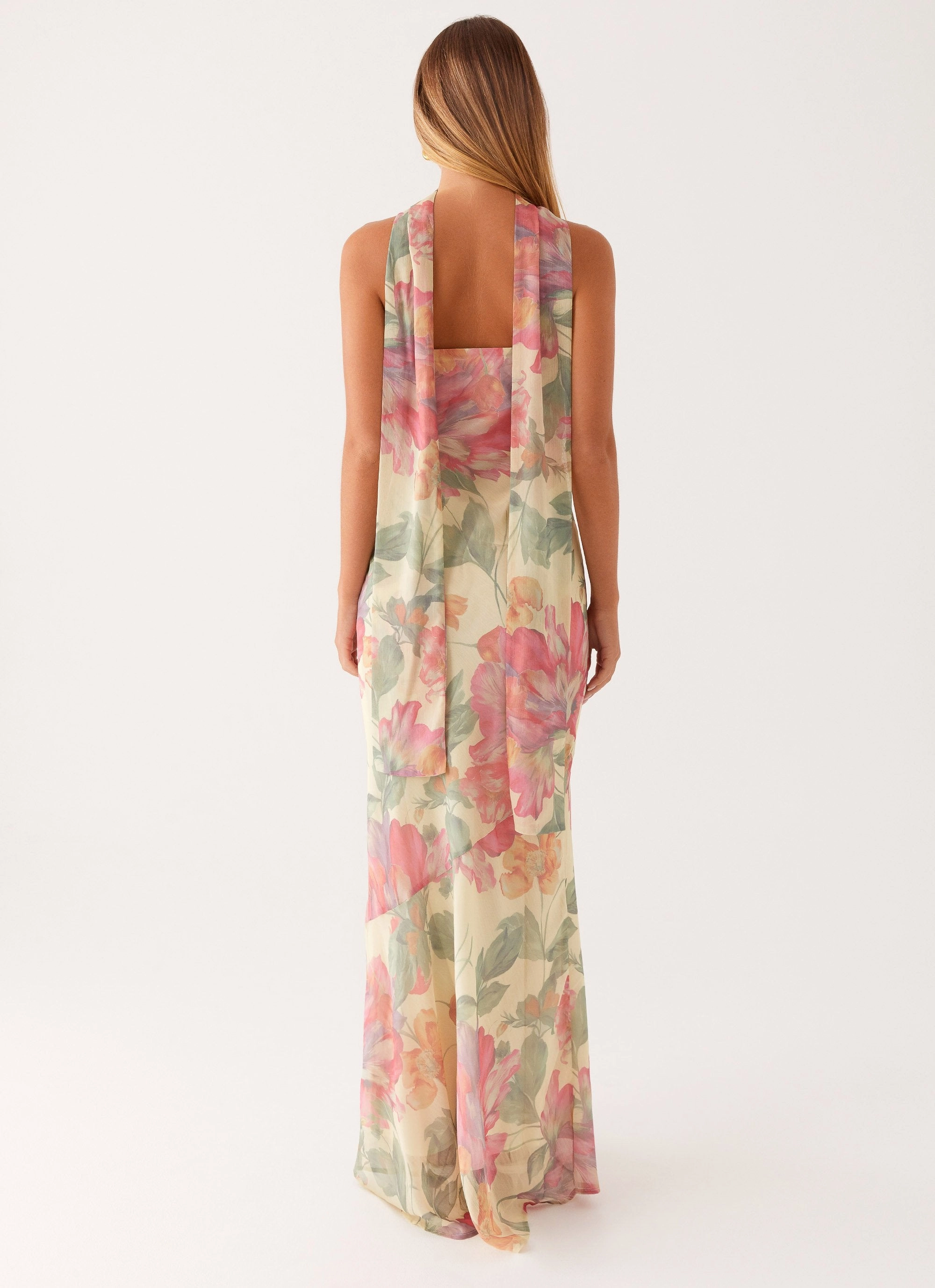 Under The Pagoda Maxi Dress - Yellow Peony Feminine Touch Beaded-Sleeve