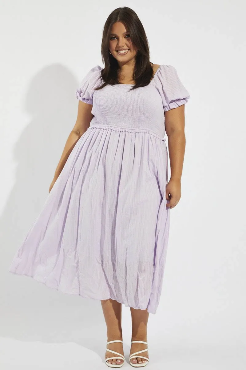 Purple Midi Dress Short Sleeve Shirred Mood Comfort Light Elegance