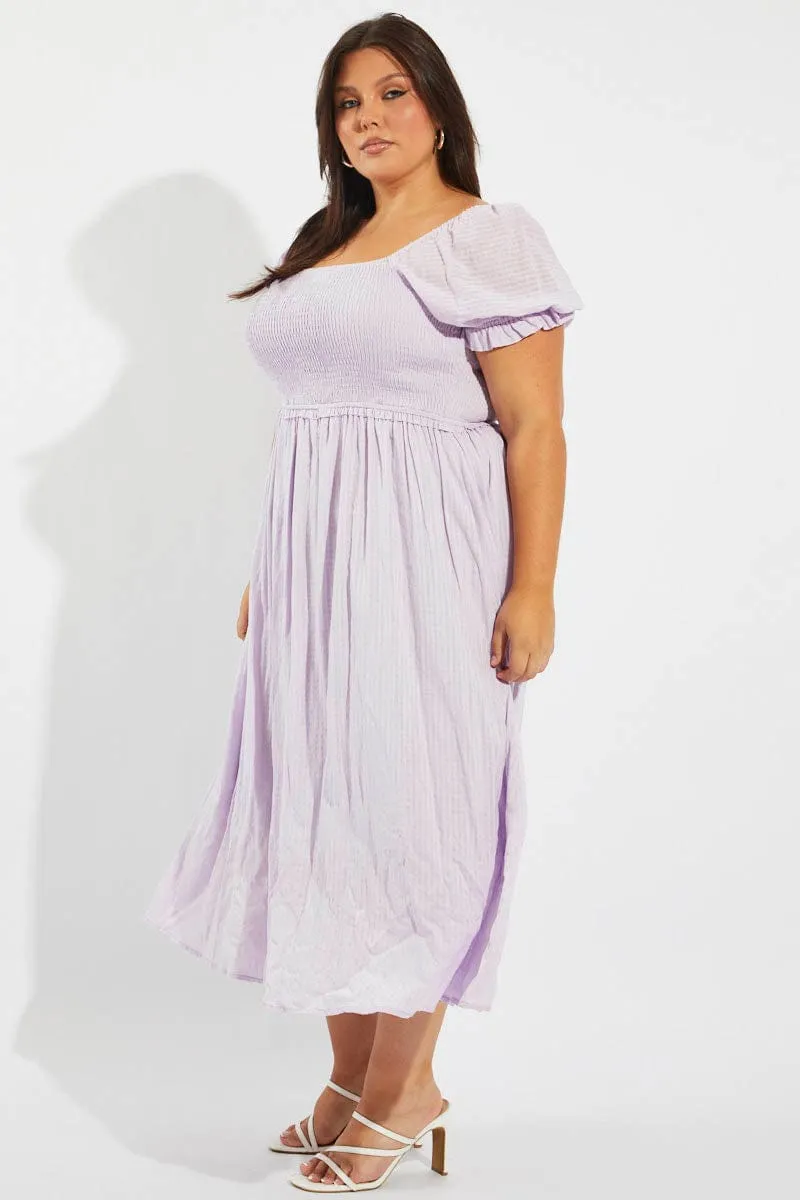 Daytime Look Purple Midi Dress Short Sleeve Shirred